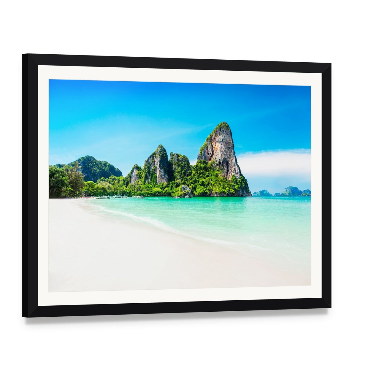 Tropical Beach with Mountain View Canvas Wall Art, framed print with white mat and black frame, angled product view