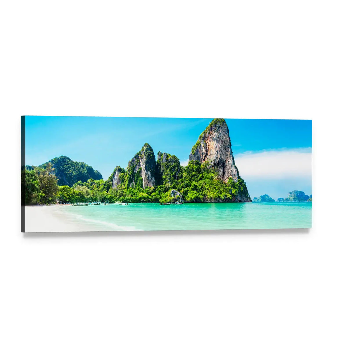 Limestone Cliffs and Turquoise Beach Panoramic Canvas Wall Art, single panel gallery wrapped canvas, angled product view