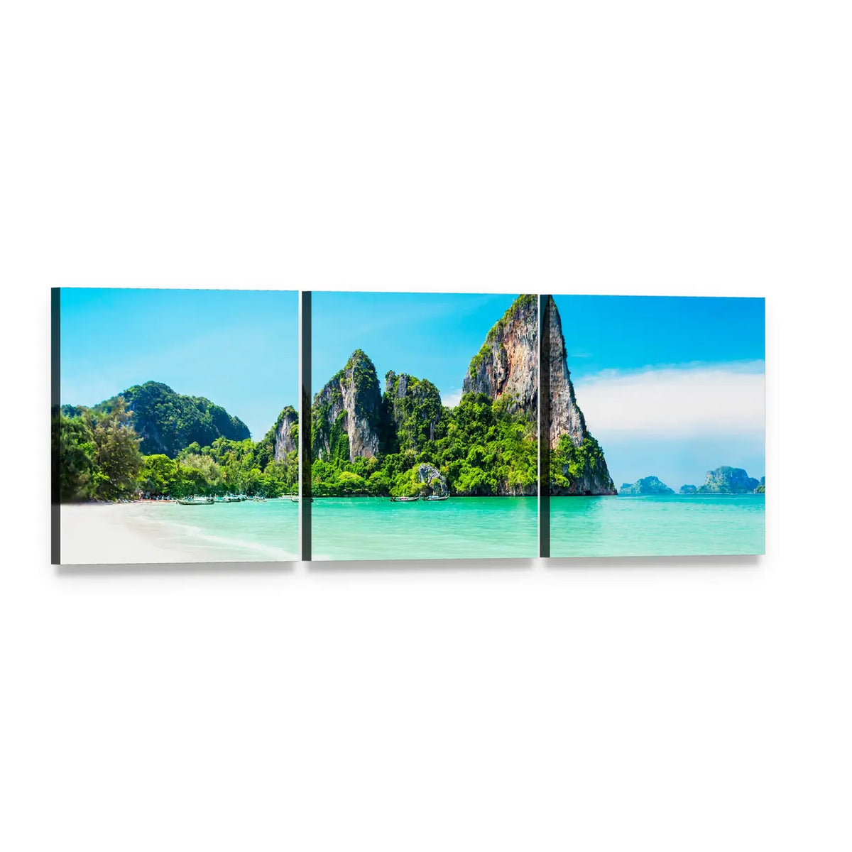 Limestone Cliffs and Turquoise Beach Panoramic Canvas Wall Art, 3 panel 3 Piece layout gallery wrapped canvas set, angled product view