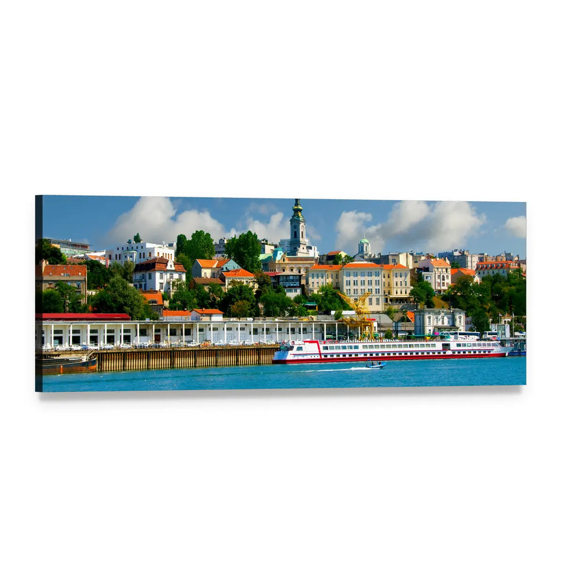 Riverfront Orthodox Church with Ferry Panoramic Canvas Wall Art, single panel gallery wrapped canvas, angled product view