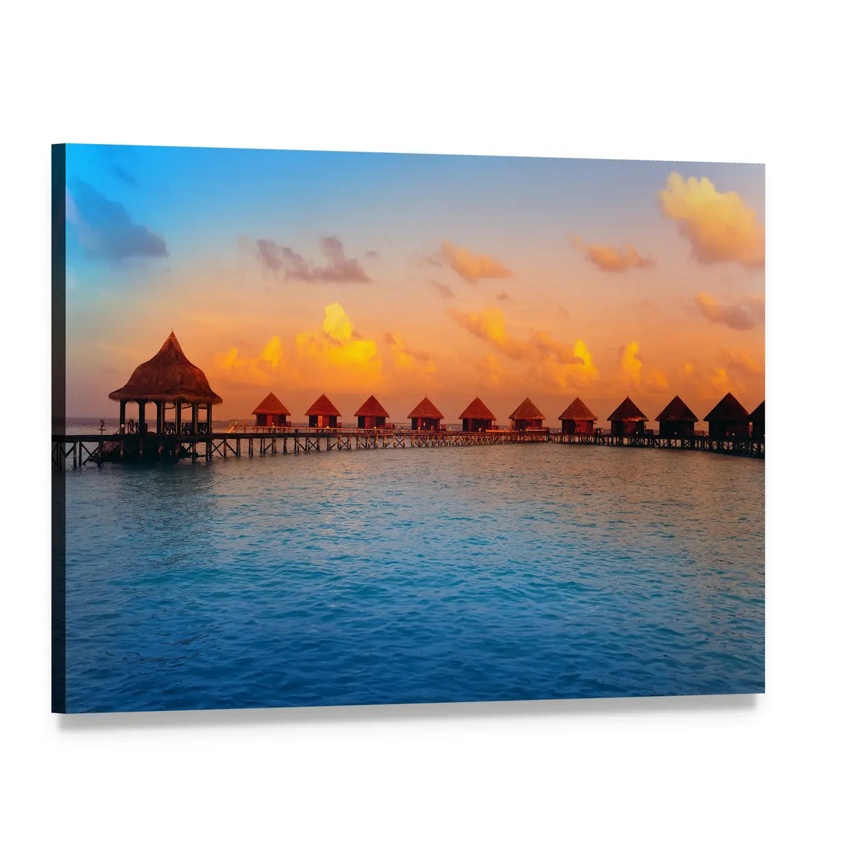 Overwater Bungalows at Sunset Canvas Wall Art, single panel gallery wrapped canvas, angled product view