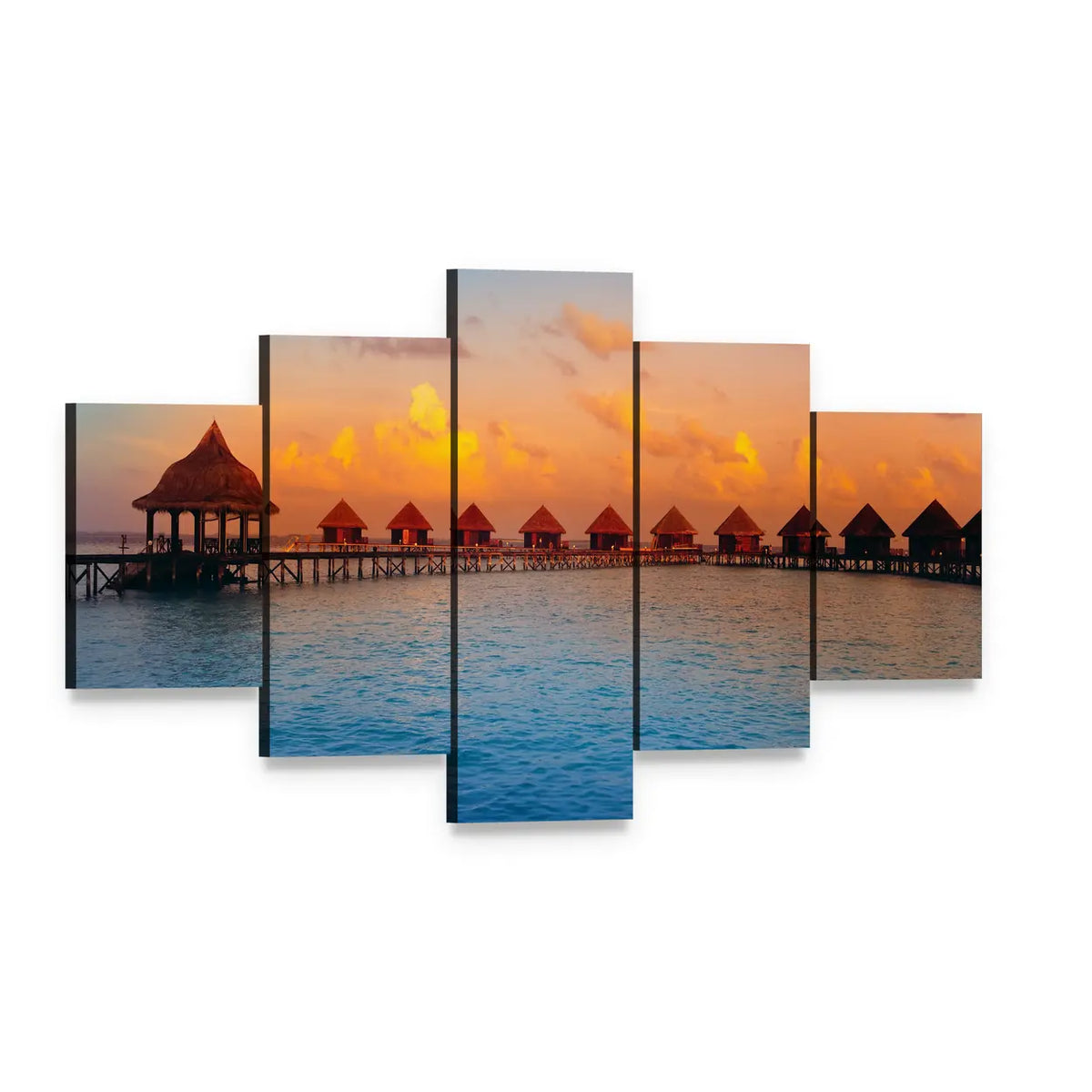 Overwater Bungalows at Sunset Canvas Wall Art, 5 panel 5 Star layout gallery wrapped canvas set, angled product view