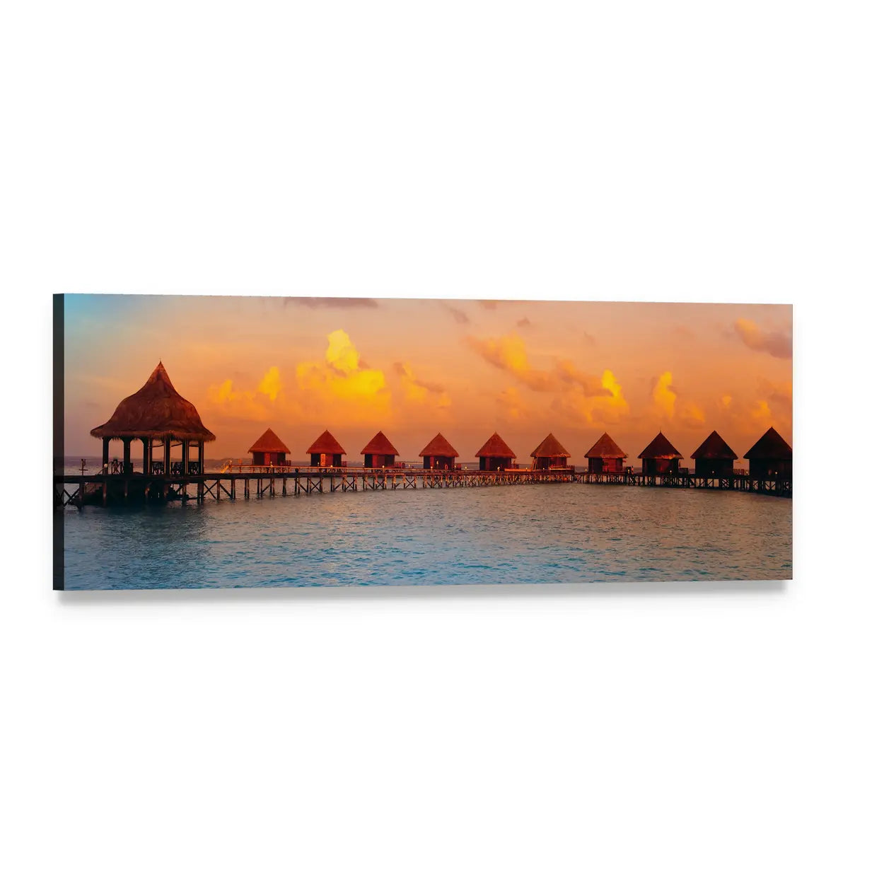 Overwater Bungalows at Sunset Panoramic Canvas Wall Art, single panel gallery wrapped canvas, angled product view