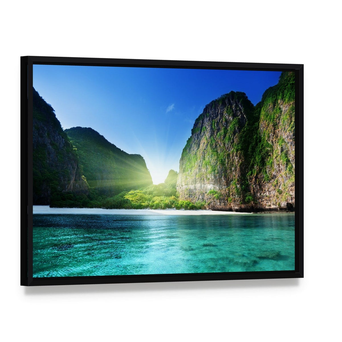 Sunrise Over Maya Bay Canvas Wall Art, framed canvas in a black floater frame, angled product view