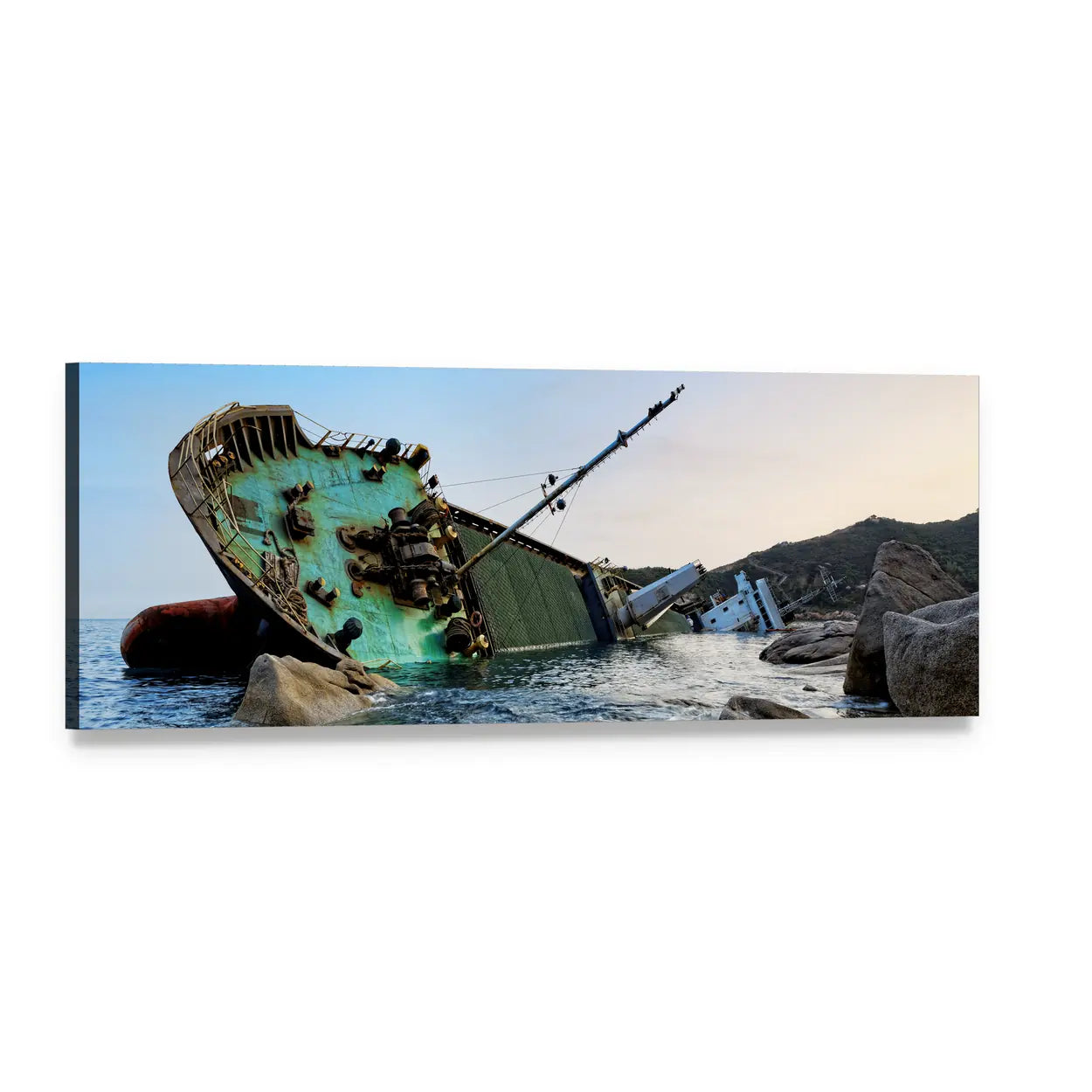Rusted Shipwreck on Rocky Coast Panoramic Canvas Wall Art, single panel gallery wrapped canvas, angled product view
