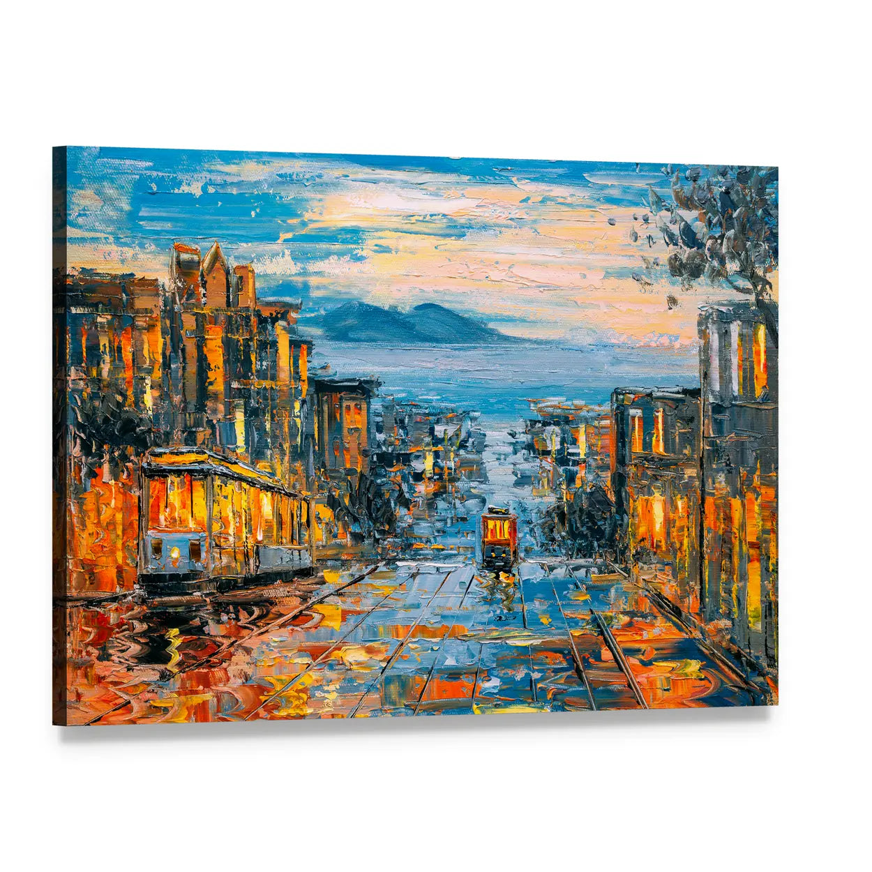 San Francisco Cable Cars on Rain-soaked Street Canvas Wall Art, single panel gallery wrapped canvas, angled product view