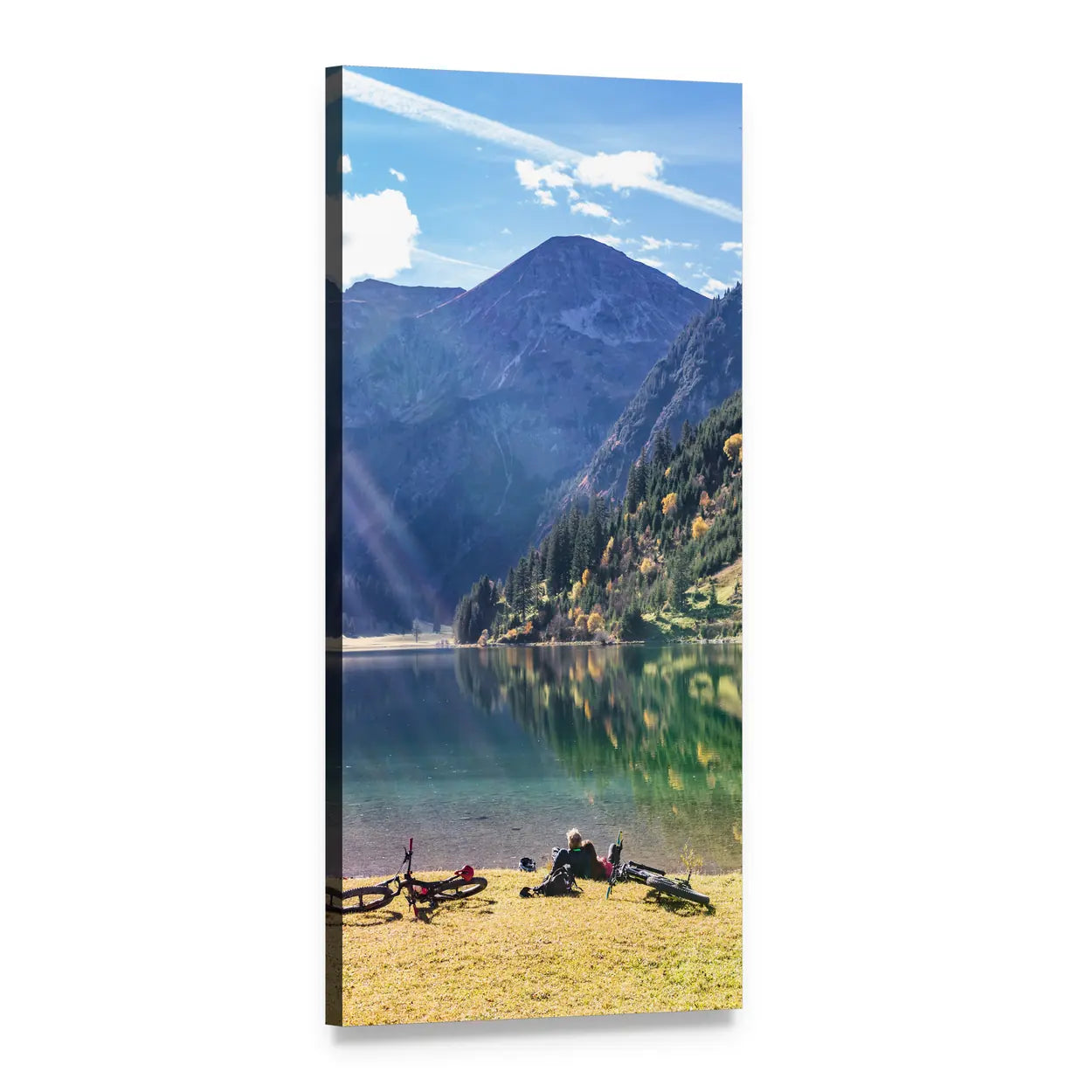 Cyclists Resting by Mountain Lake Vertical Canvas Wall Art, 1 panel 1 Vertical layout gallery wrapped canvas set, angled product view
