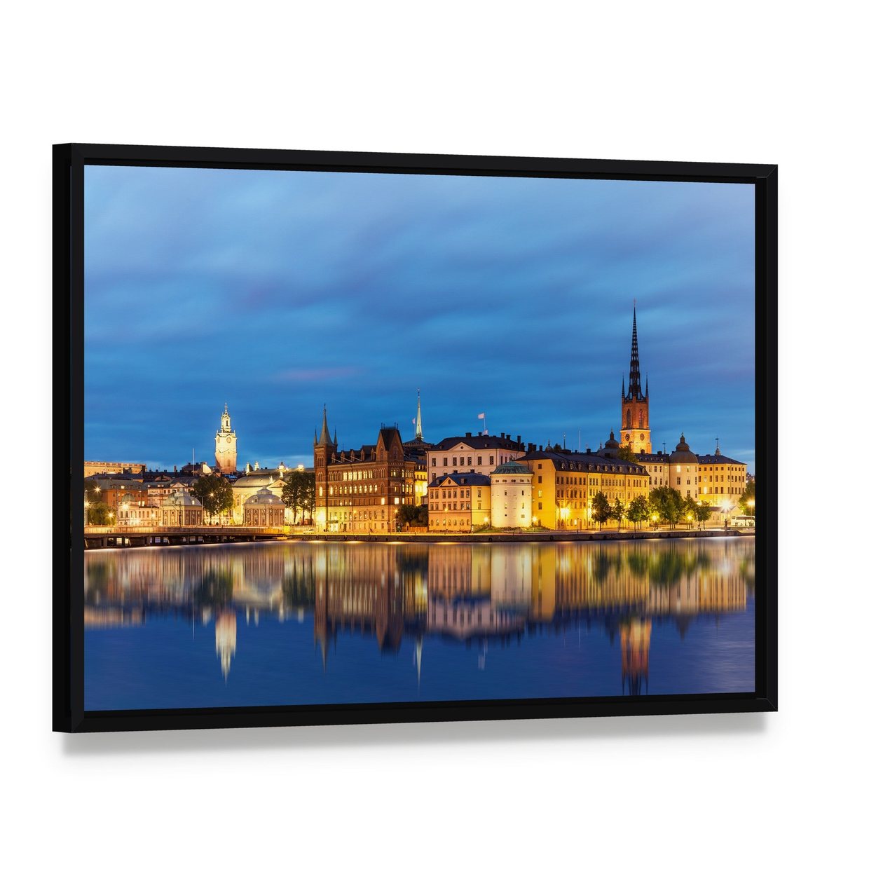 Old Town Gamla Stan at Twilight Canvas Wall Art, framed canvas in a black floater frame, angled product view