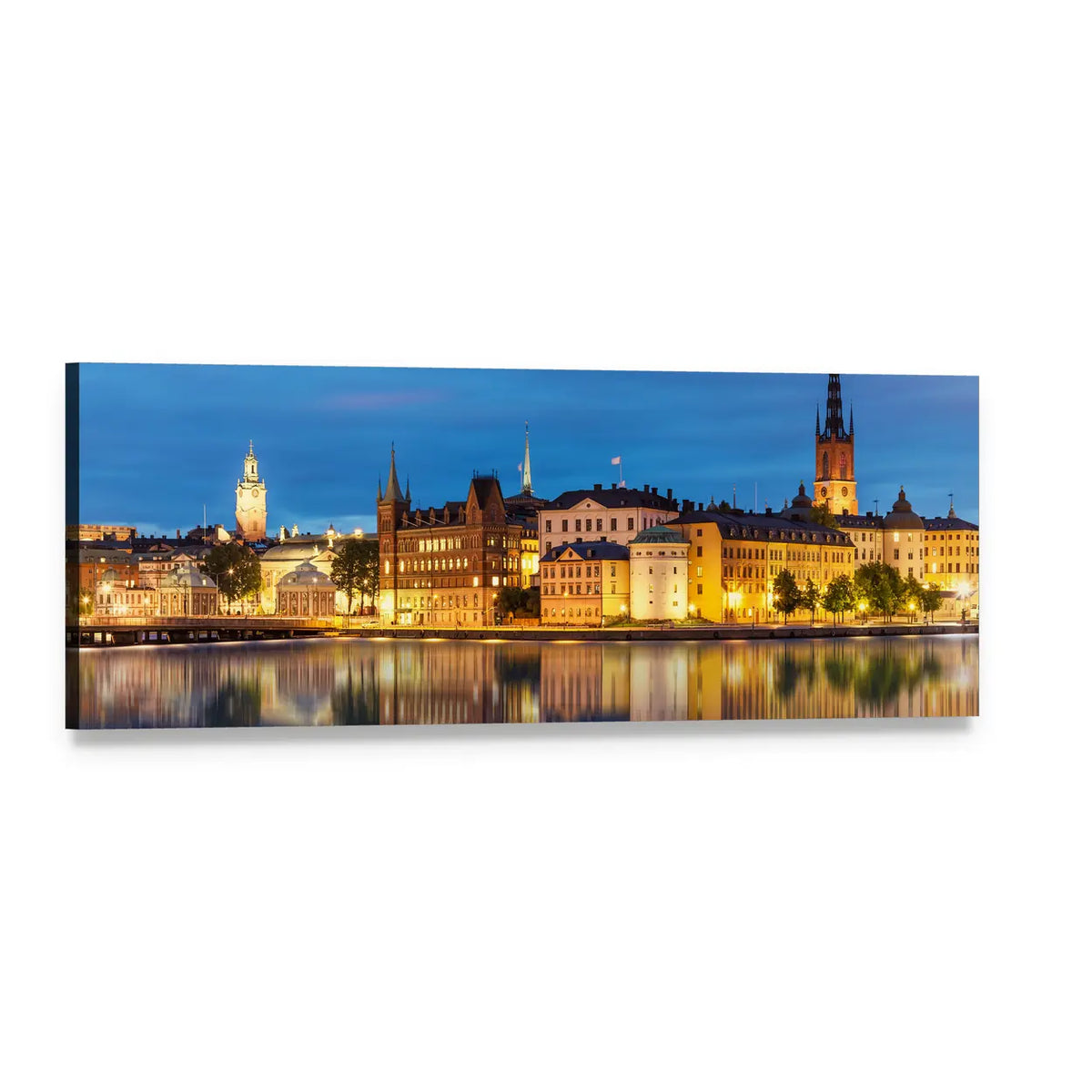 Old Town Gamla Stan Stockholm at Dusk Panoramic Canvas Wall Art, single panel gallery wrapped canvas, angled product view