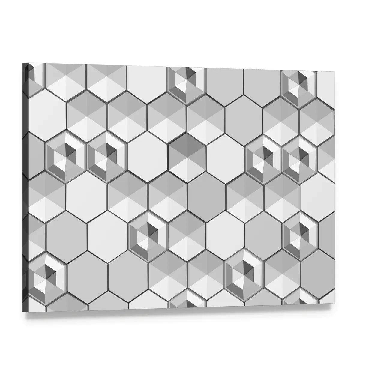 Monochrome 3d Hexagon Abstract Canvas Wall Art, single panel gallery wrapped canvas, angled product view
