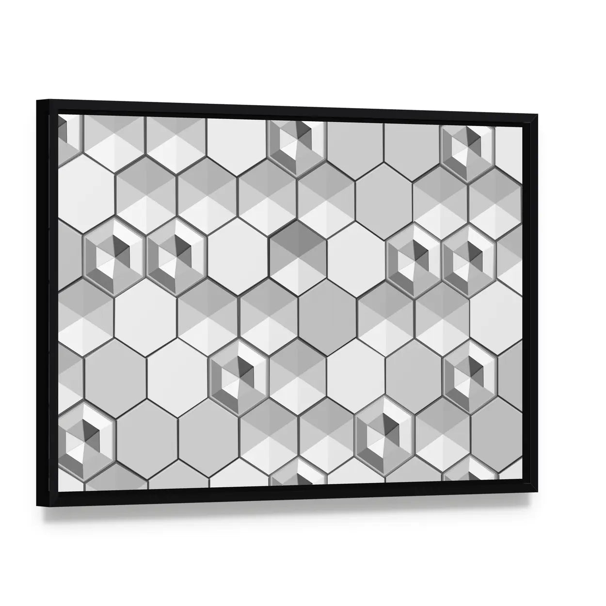 Monochrome 3d Hexagon Abstract Canvas Wall Art, framed canvas in a black floater frame, angled product view