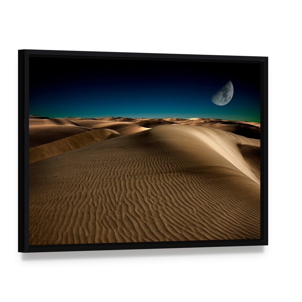Night in Serene Desert Dunes Canvas Wall Art, framed canvas in a black floater frame, angled product view