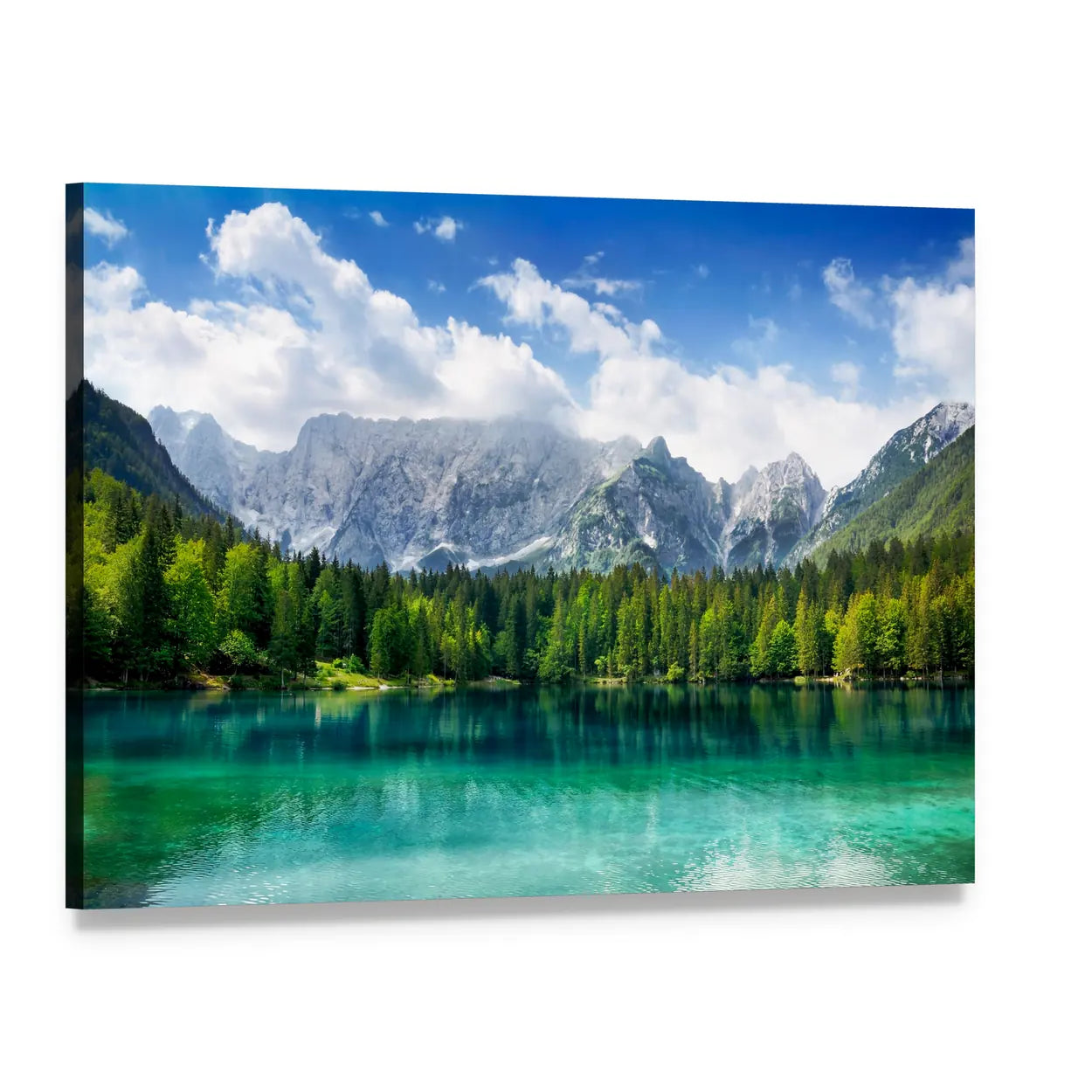 Turquoise Lake with Snow-capped Mountains Canvas Wall Art, single panel gallery wrapped canvas, angled product view