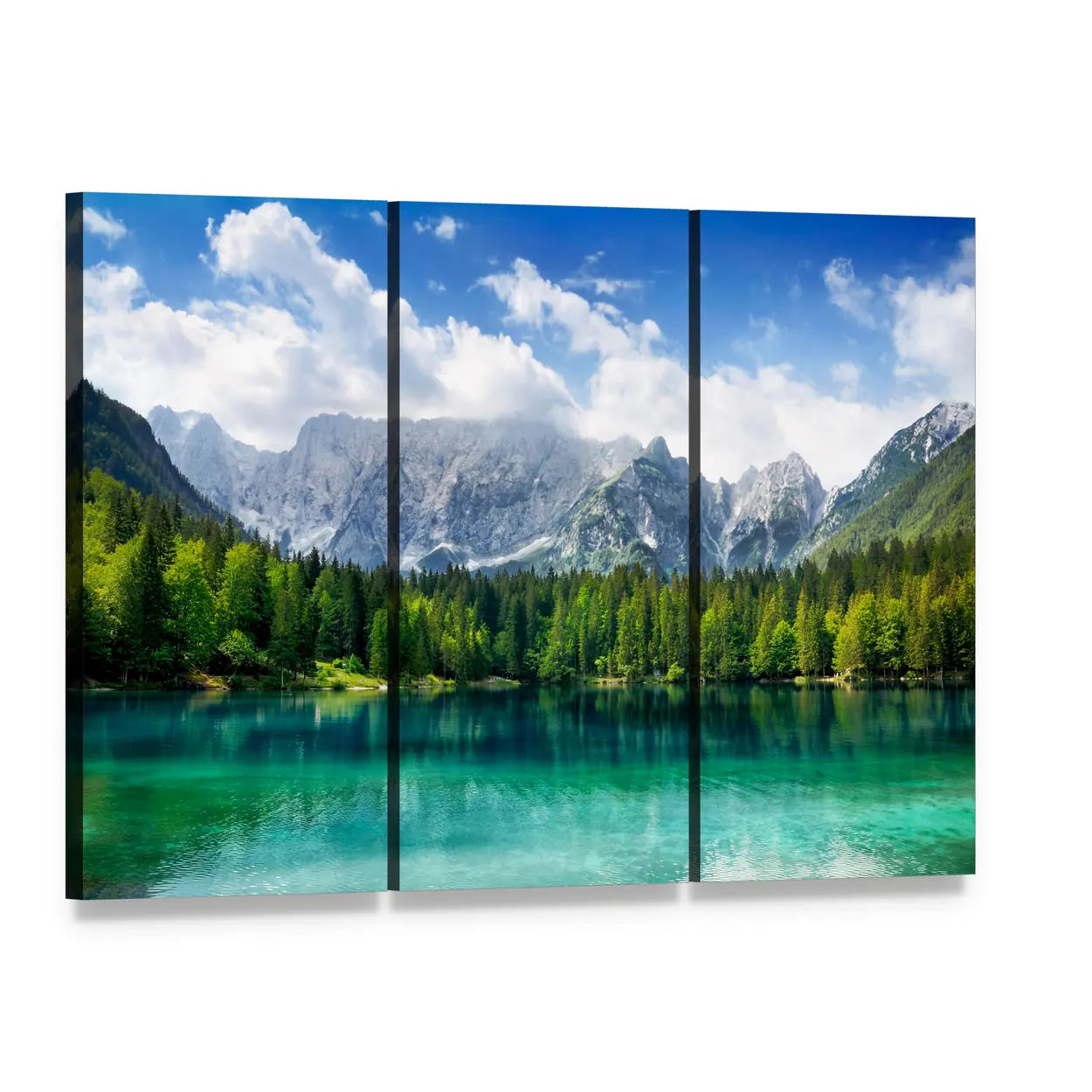 Turquoise Lake with Snow-capped Mountains Canvas Wall Art, 3 panel 3 Horizontal layout gallery wrapped canvas set, angled product view