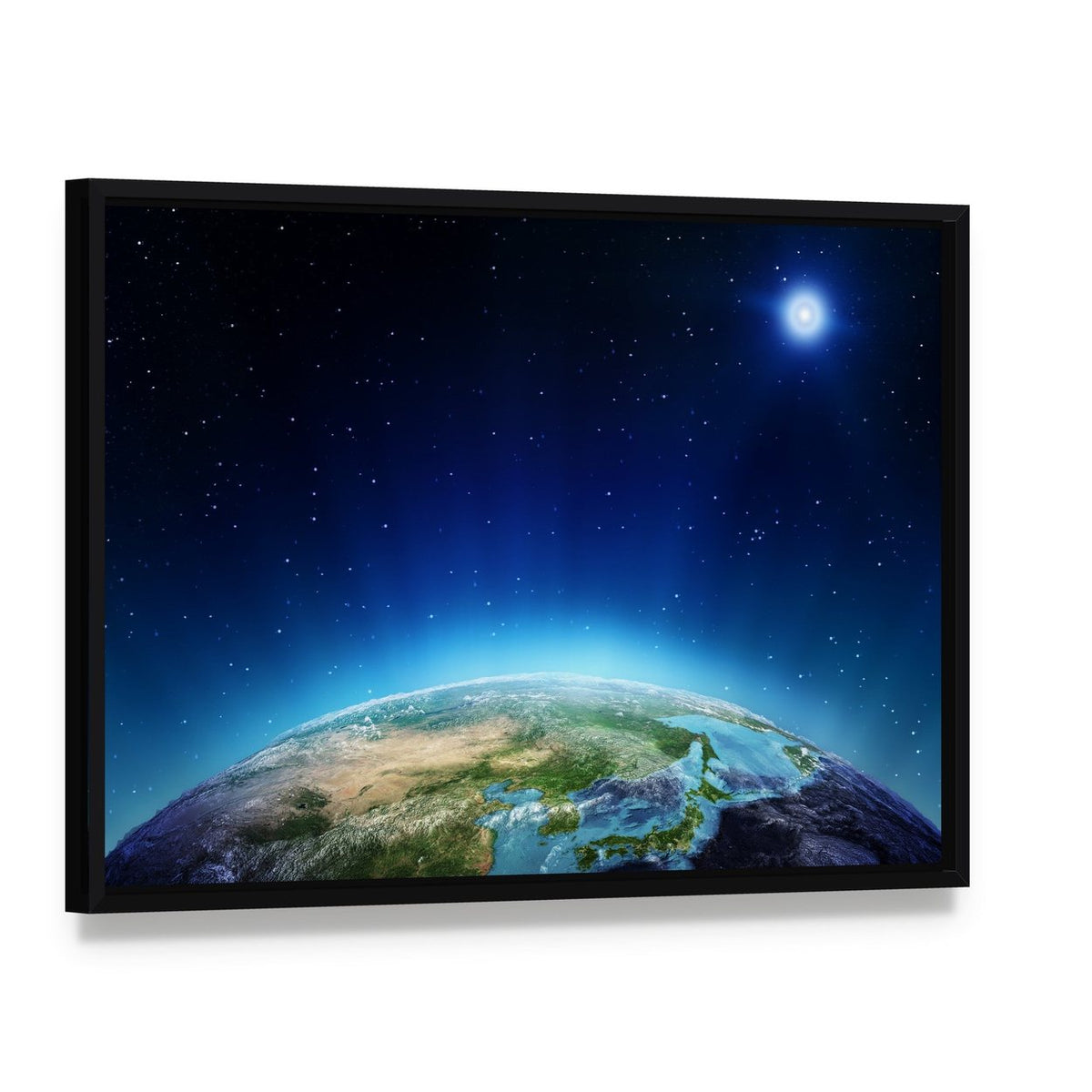 Blue Planet Earth from Space Canvas Wall Art, framed canvas in a black floater frame, angled product view