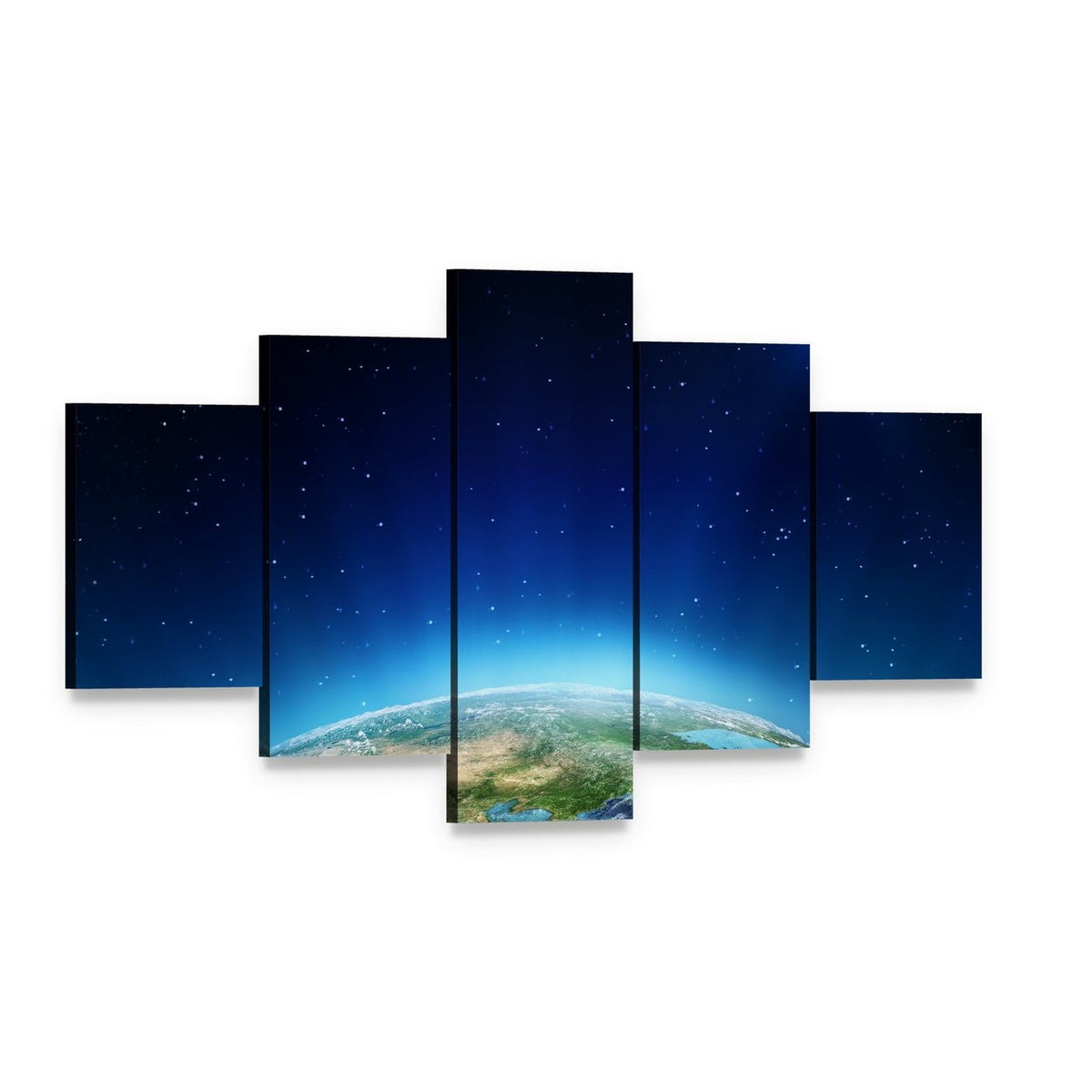 Blue Planet Earth from Space Canvas Wall Art, 5 panel 5 Star layout gallery wrapped canvas set, angled product view