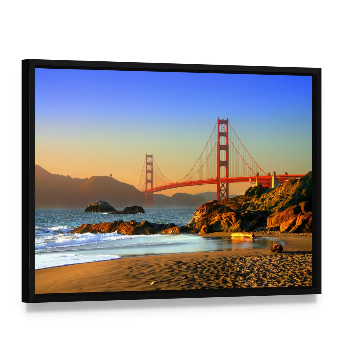 Baker Beach and Golden Gate Bridge Canvas Wall Art, framed canvas in a black floater frame, angled product view