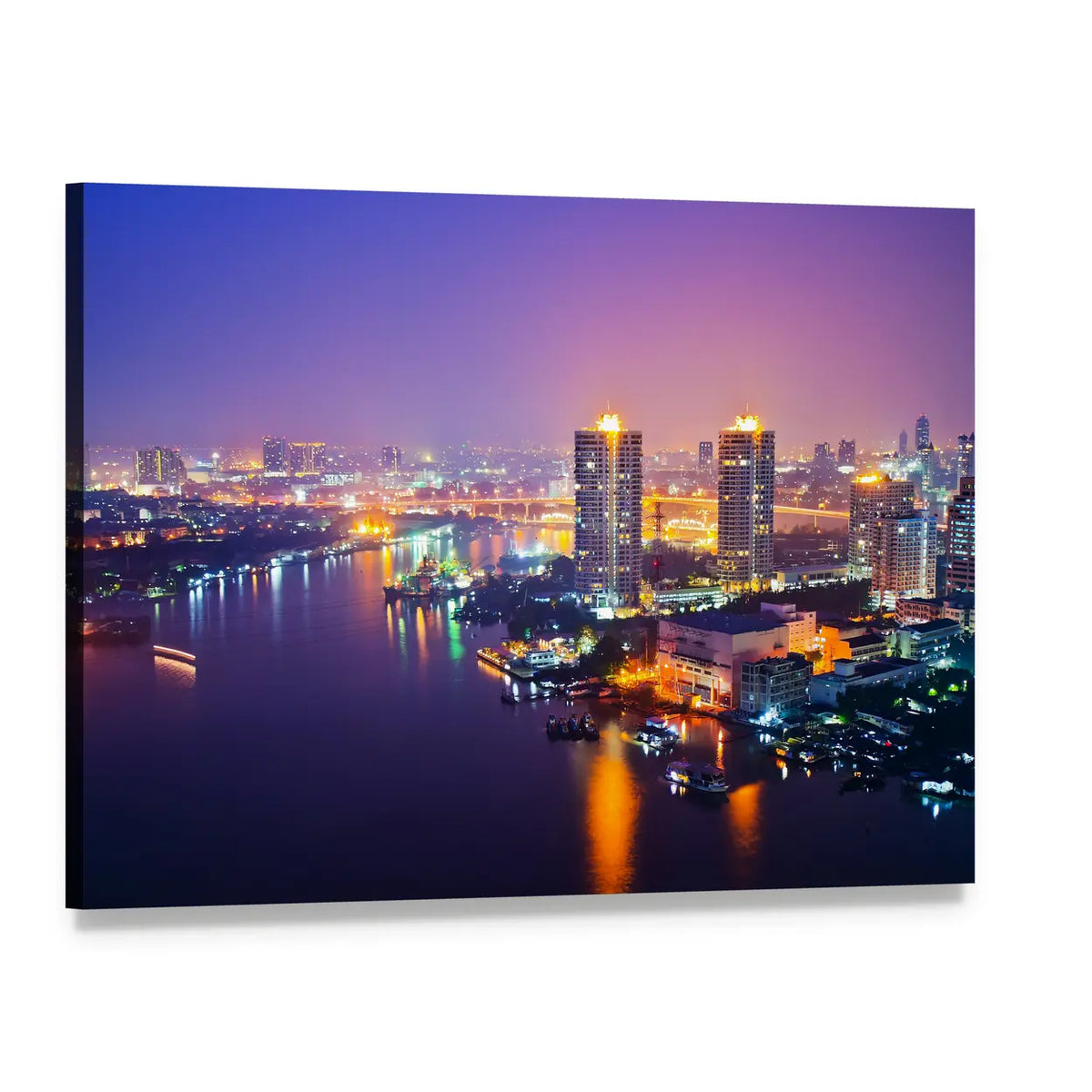 Bangkok Night Cityscape with River Reflections Canvas Wall Art, single panel gallery wrapped canvas, angled product view