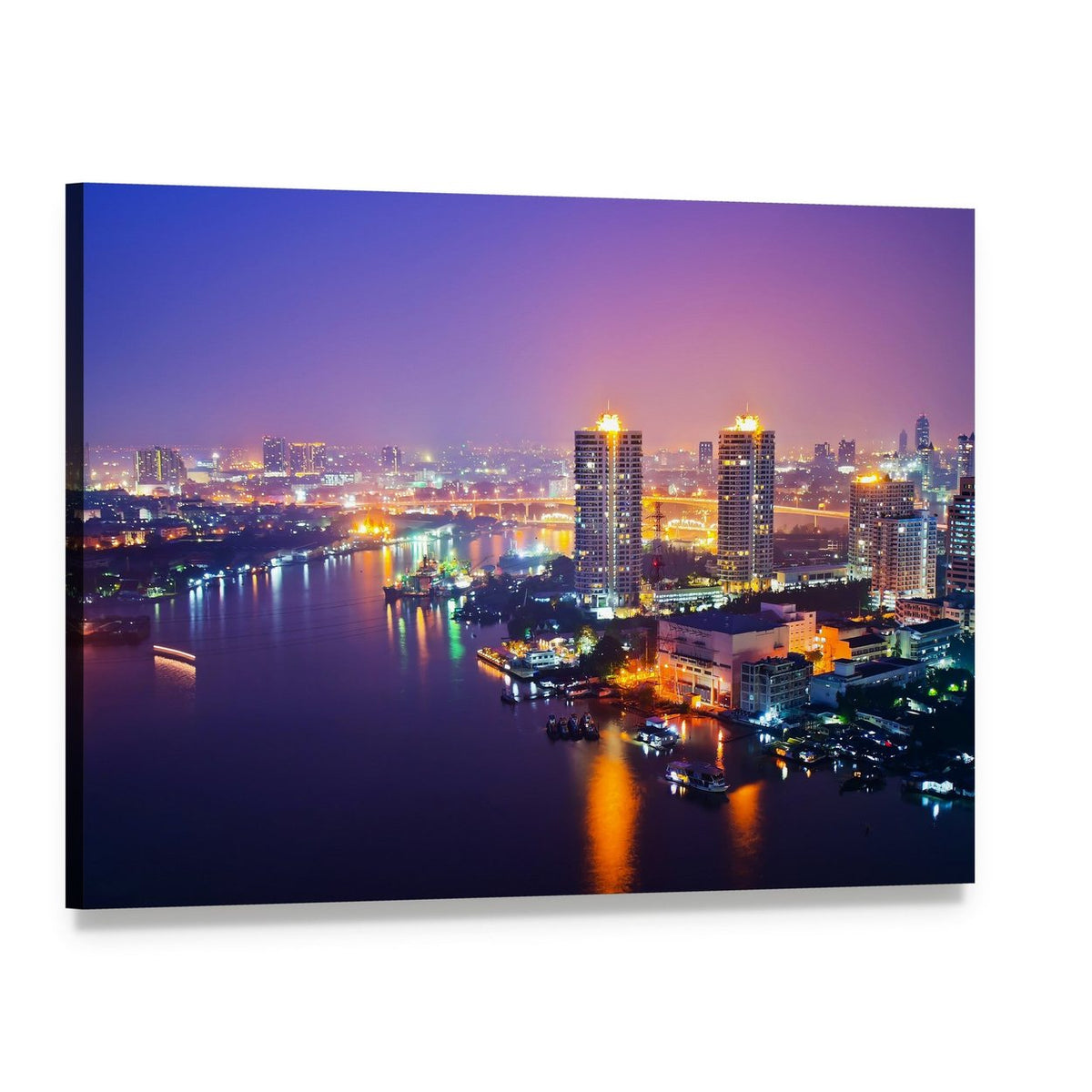 Bangkok Cityscape at Night Canvas Wall Art, single panel gallery wrapped canvas, angled product view