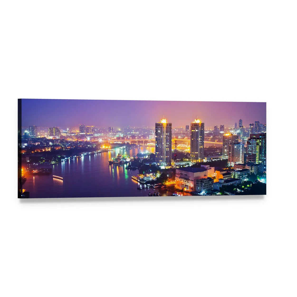 Bangkok Night Skyline with River Reflections Panoramic Canvas Wall Art, single panel gallery wrapped canvas, angled product view