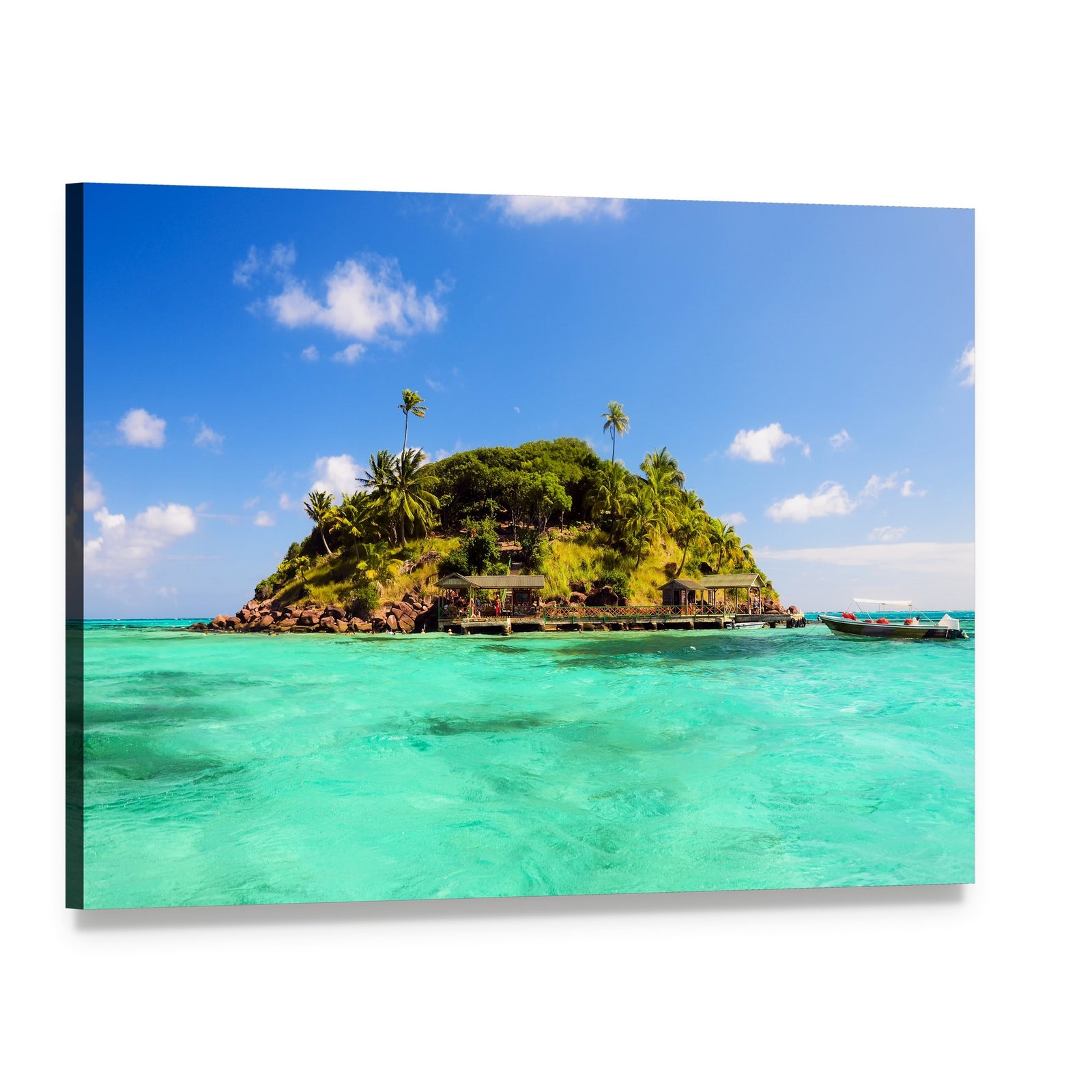 Lush Tropical Island with Overwater Bungalows Canvas Wall Art, single panel gallery wrapped canvas, angled product view