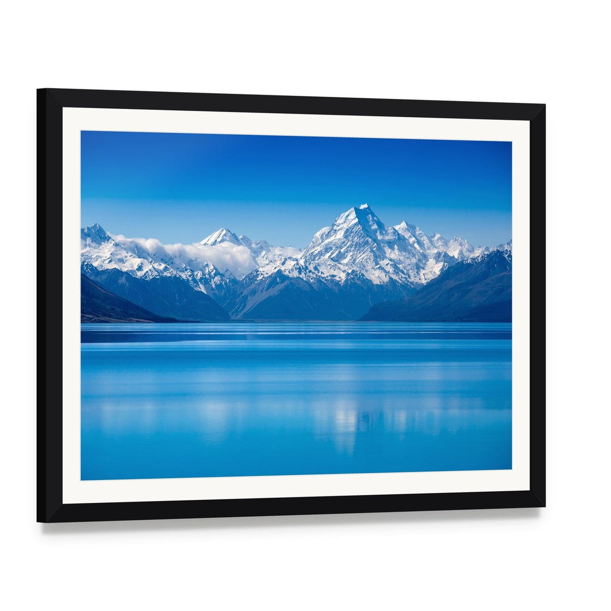 Lake Pukaki Canvas Wall Art, framed print with white mat and black frame, angled product view