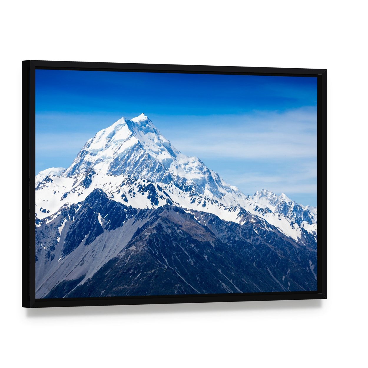 Mountains Peak New Zealand Canvas Wall Art, framed canvas in a black floater frame, angled product view