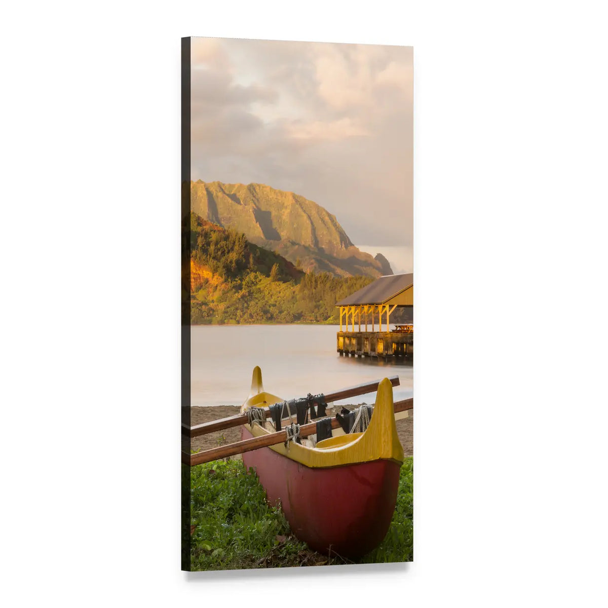 Red and Yellow Hawaiian Outrigger Canoe on Beach Vertical Canvas Wall Art, 1 panel 1 Vertical layout gallery wrapped canvas set, angled product view