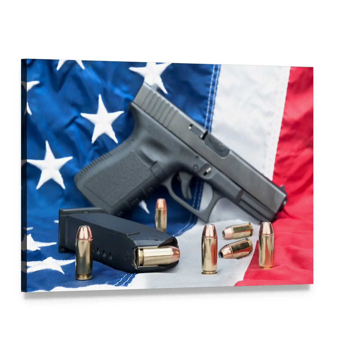 Glock-style Pistol on American Flag Canvas Wall Art, single panel gallery wrapped canvas, angled product view