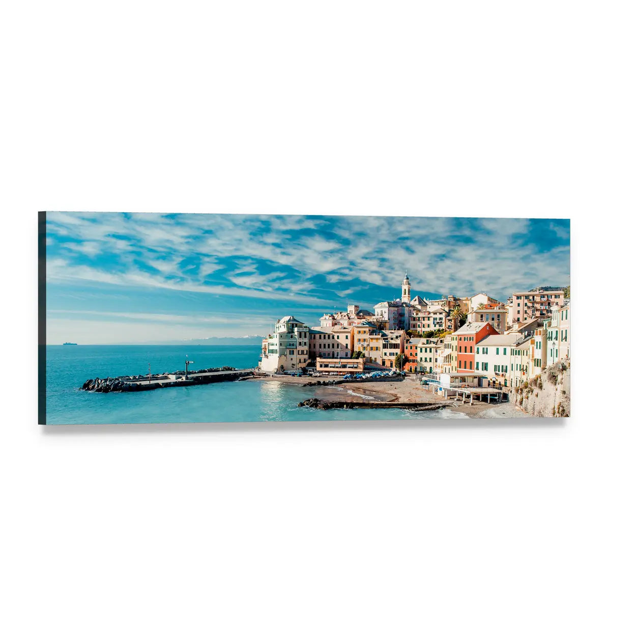 Bogliasco Fishing Village View Panoramic Canvas Wall Art, single panel gallery wrapped canvas, angled product view