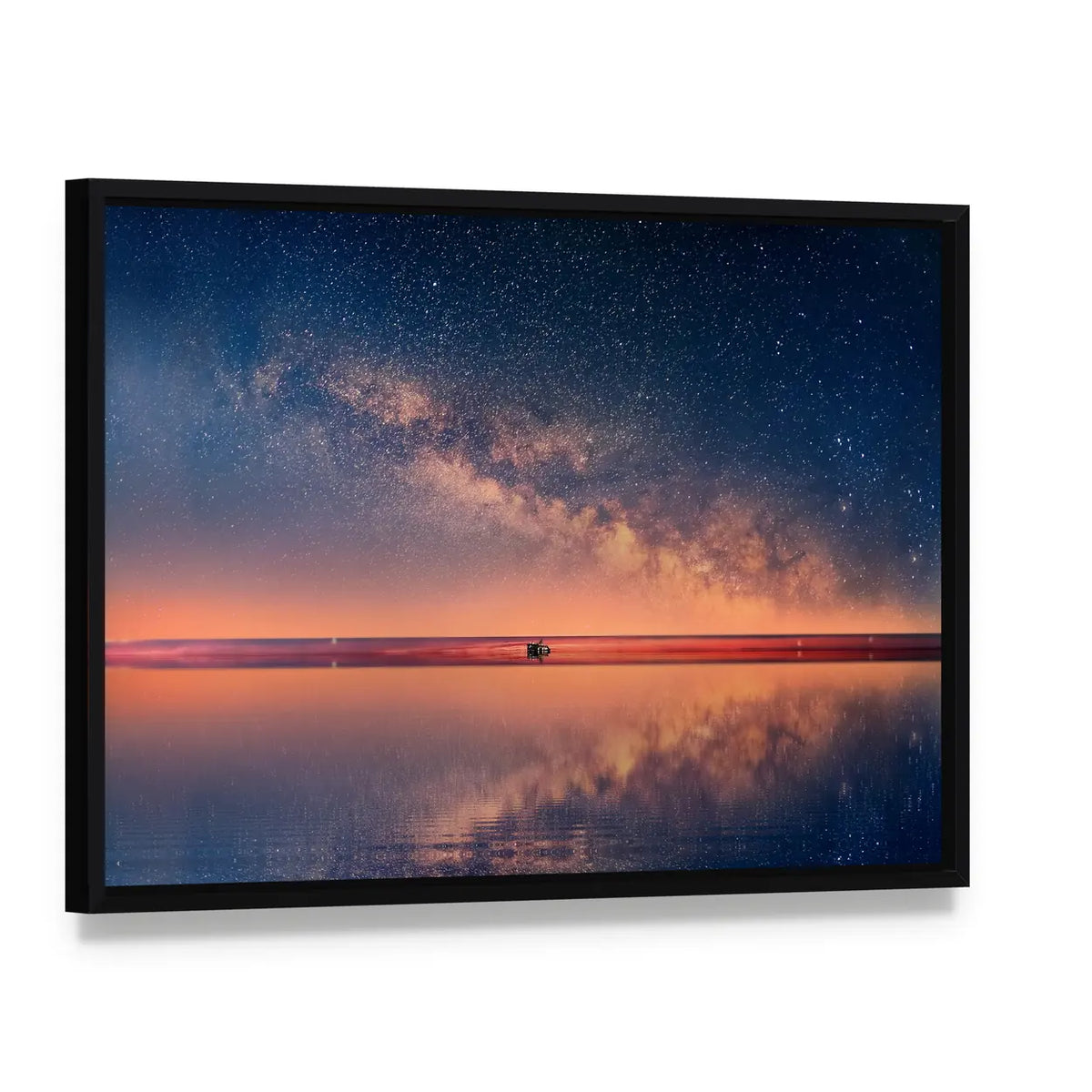 Starry Night Universe At Sea Canvas Wall Art, framed canvas in a black floater frame, angled product view