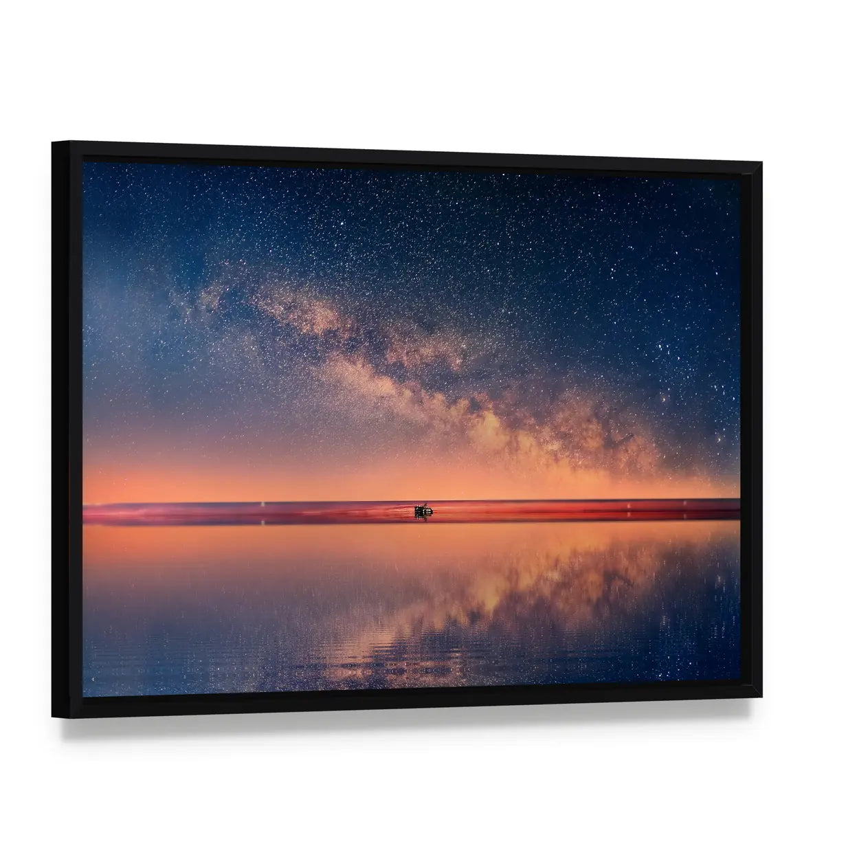 Starry Night Universe At Sea Canvas Wall Art, framed canvas in a black floater frame, angled product view