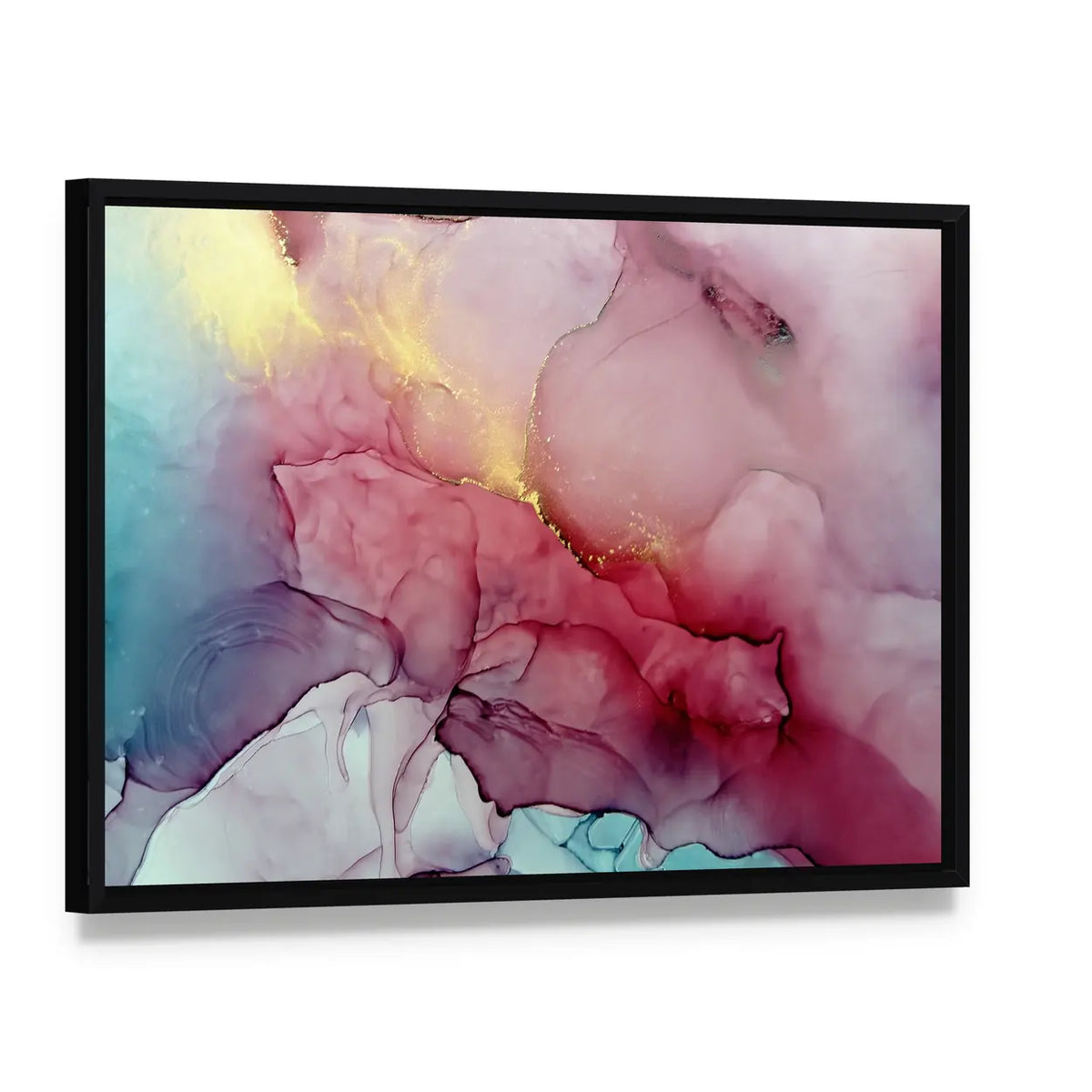 Splash Of Fluid Artwork Canvas Wall Art, framed canvas in a black floater frame, angled product view