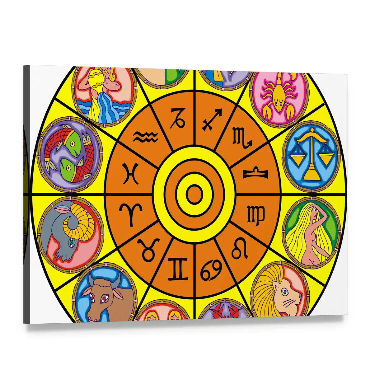 Zodiac Clock with Sun Motif Canvas Wall Art, single panel gallery wrapped canvas, angled product view