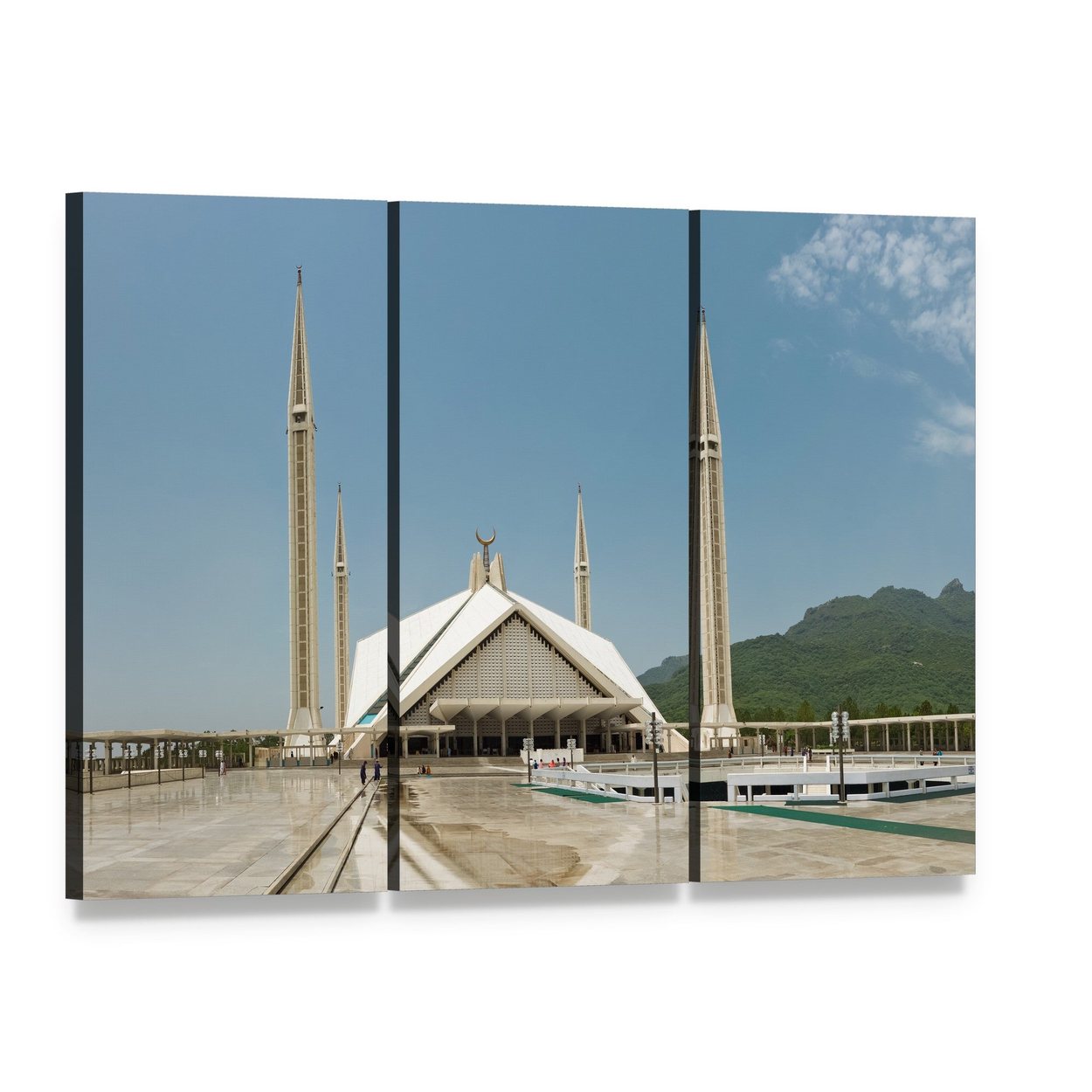 Faisal Mosque with Minarets in Islamabad Canvas Wall Art, 3 panel 3 Horizontal layout gallery wrapped canvas set, angled product view
