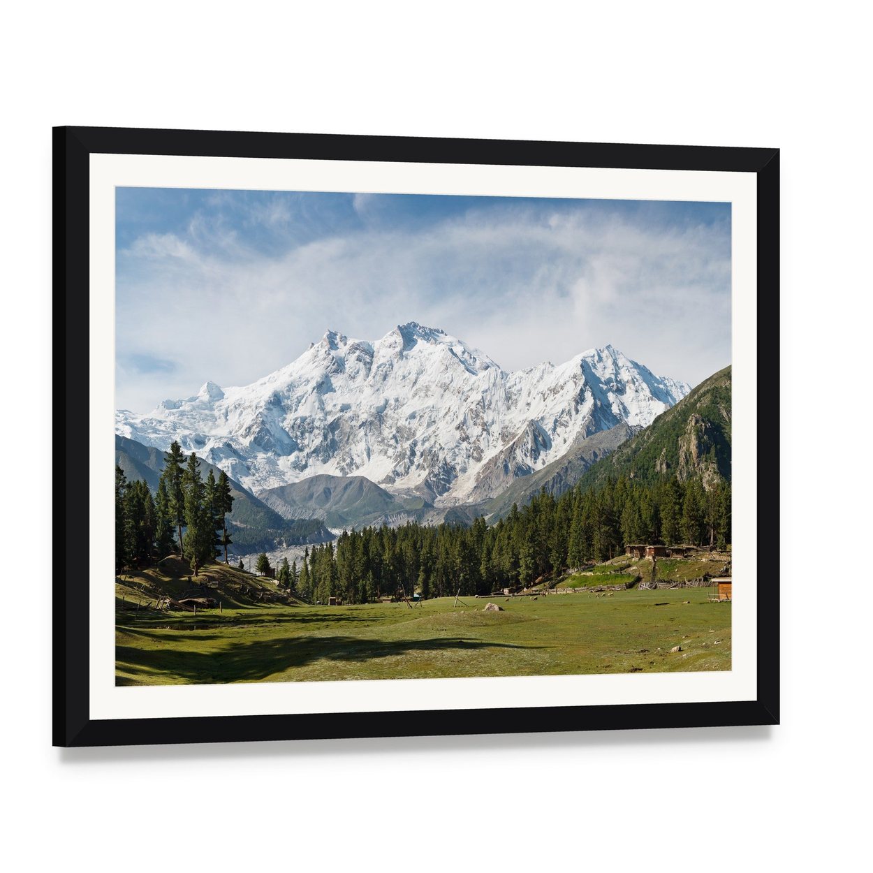 Snow-capped Nanga Parbat Canvas Wall Art, framed print with white mat and black frame, angled product view