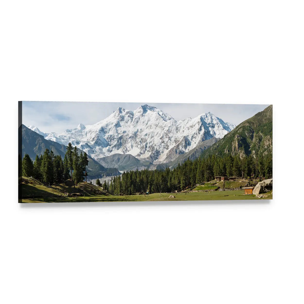 Nanga Parbat Snow-capped Peaks and Cabin Panoramic Canvas Wall Art, single panel gallery wrapped canvas, angled product view