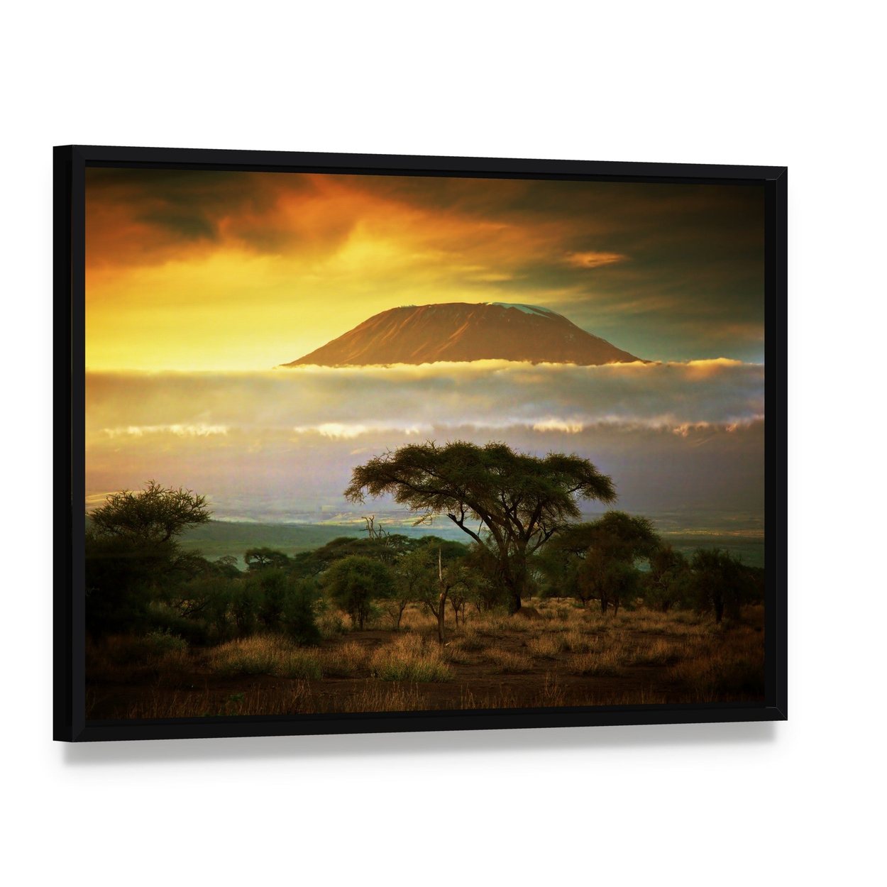 Mount Kilimanjaro at Sunset Canvas Wall Art, framed canvas in a black floater frame, angled product view