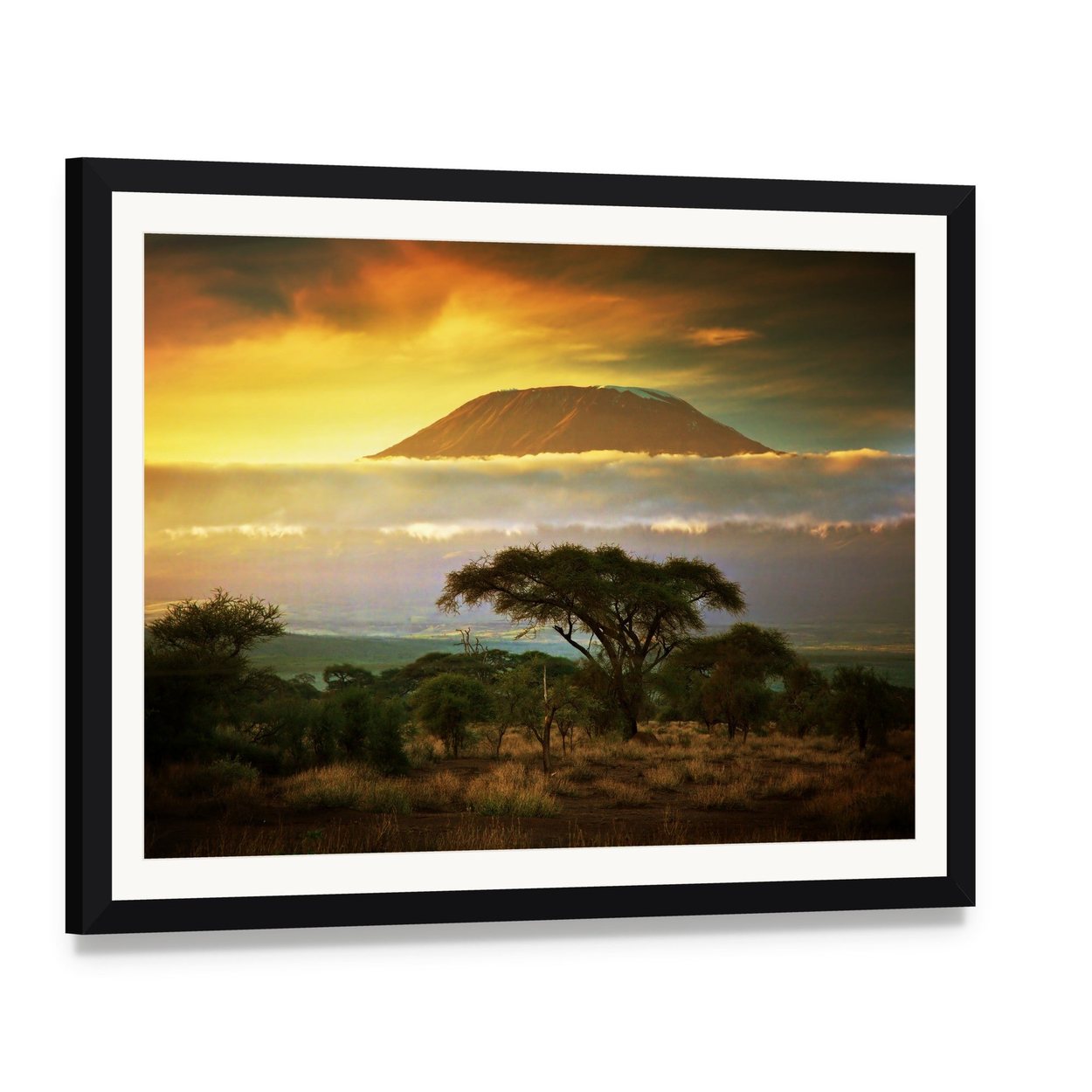 Mount Kilimanjaro at Sunset Canvas Wall Art, framed print with white mat and black frame, angled product view