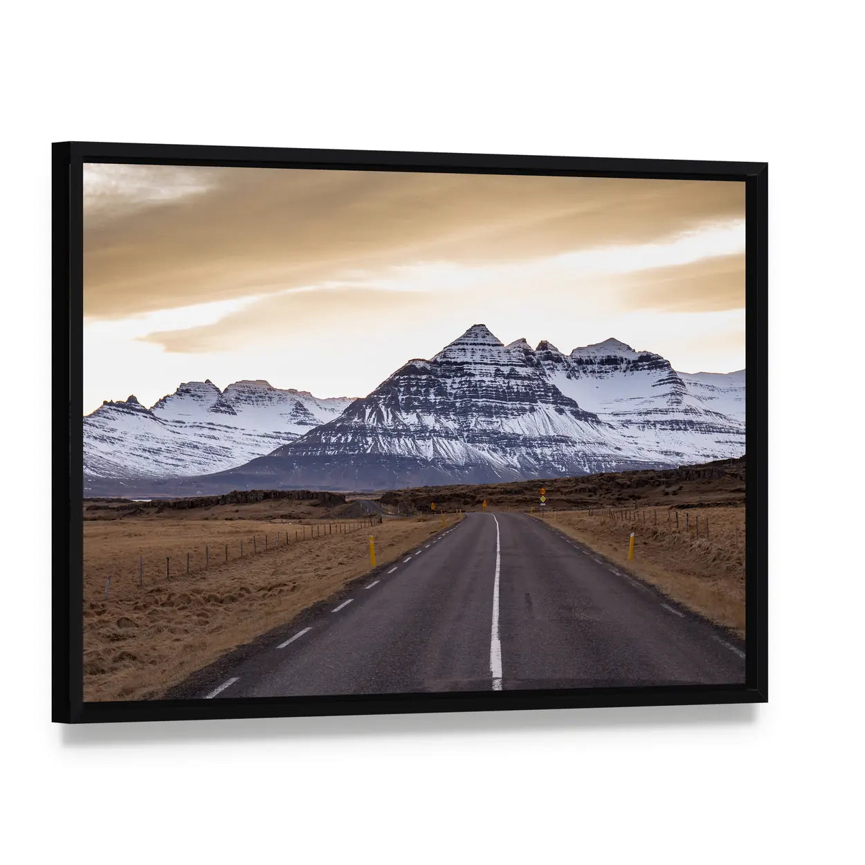 Ring Road At Sunset In East Fjords In Iceland Canvas Wall Art, framed canvas in a black floater frame, angled product view