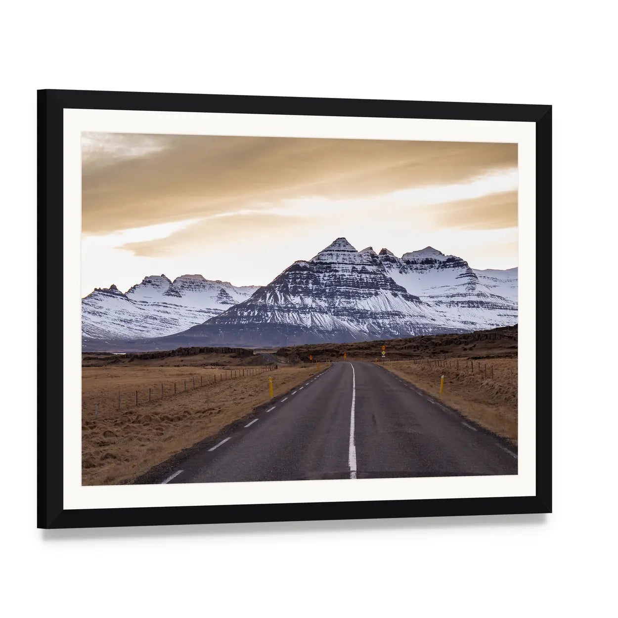 Ring Road At Sunset In East Fjords In Iceland Canvas Wall Art, framed print with white mat and black frame, angled product view