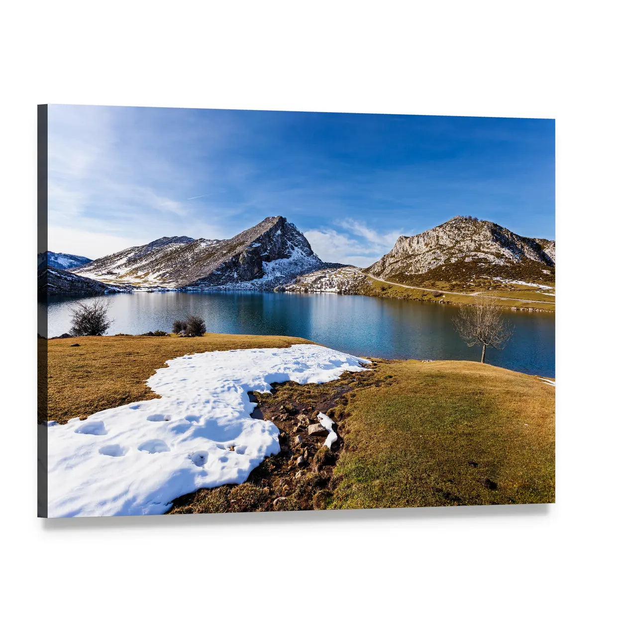 Lake Enol in Winter Canvas Wall Art, single panel gallery wrapped canvas, angled product view