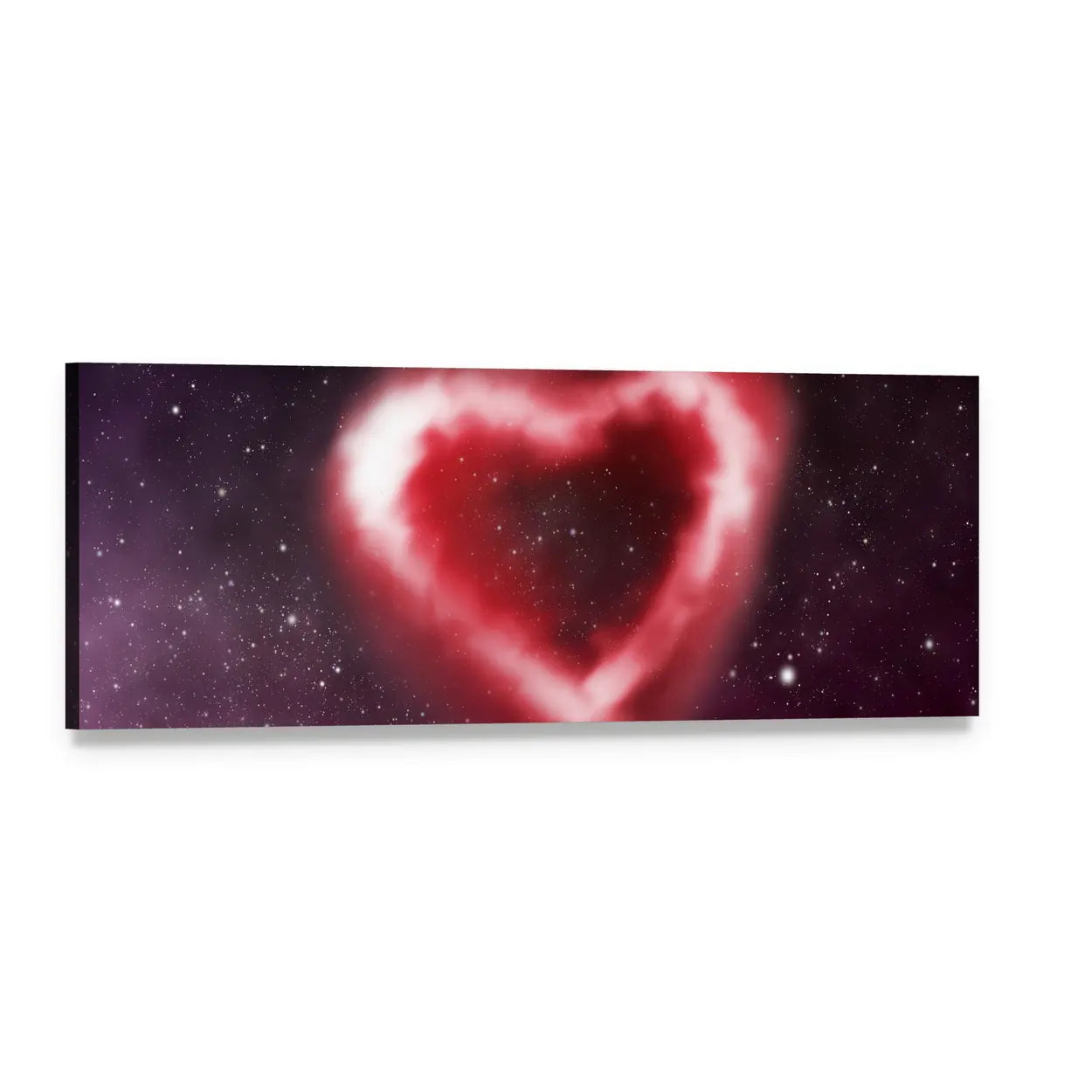 Heart-shaped Nebula in Purple and Pink Panoramic Canvas Wall Art, single panel gallery wrapped canvas, angled product view
