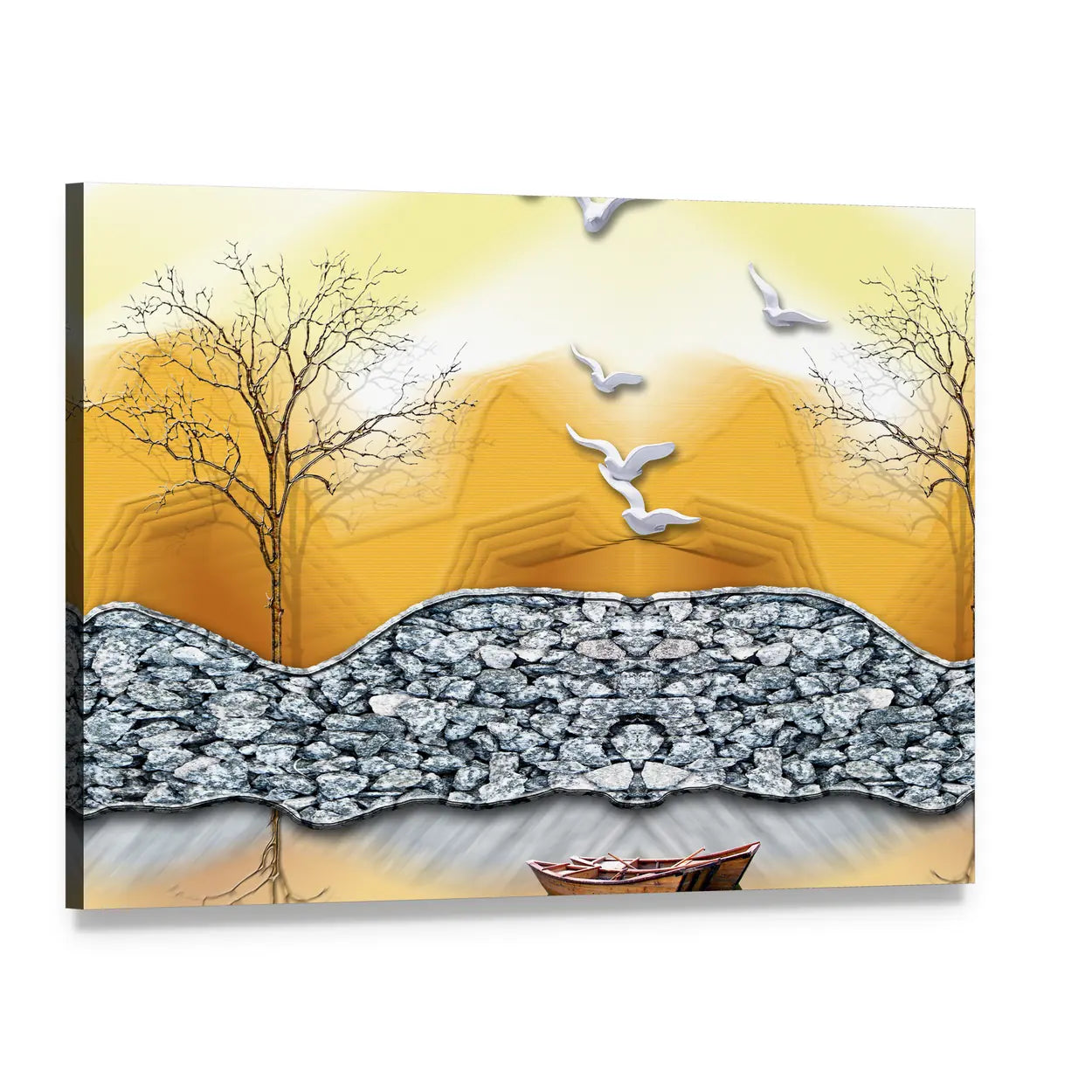 3d Lake Illustration with Boat Canvas Wall Art, single panel gallery wrapped canvas, angled product view