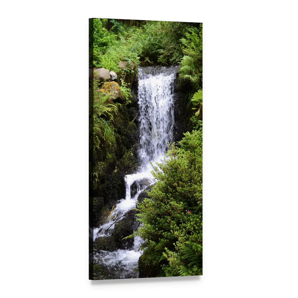 Lush Forest Waterfall Vertical Canvas Wall Art, 1 panel 1 Vertical layout gallery wrapped canvas set, angled product view