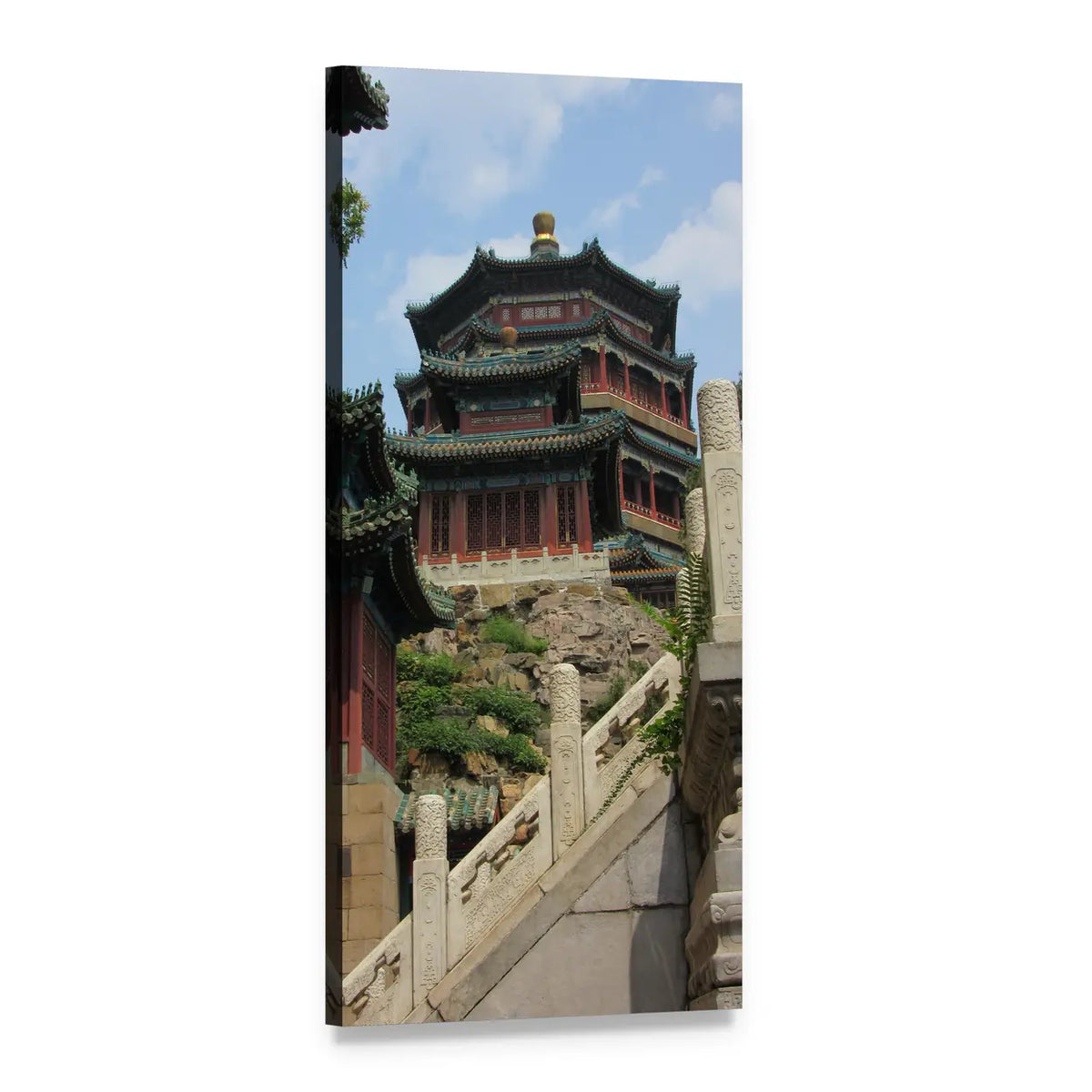 Traditional Chinese Pagoda on Stone Staircase Vertical Canvas Wall Art, 1 panel 1 Vertical layout gallery wrapped canvas set, angled product view