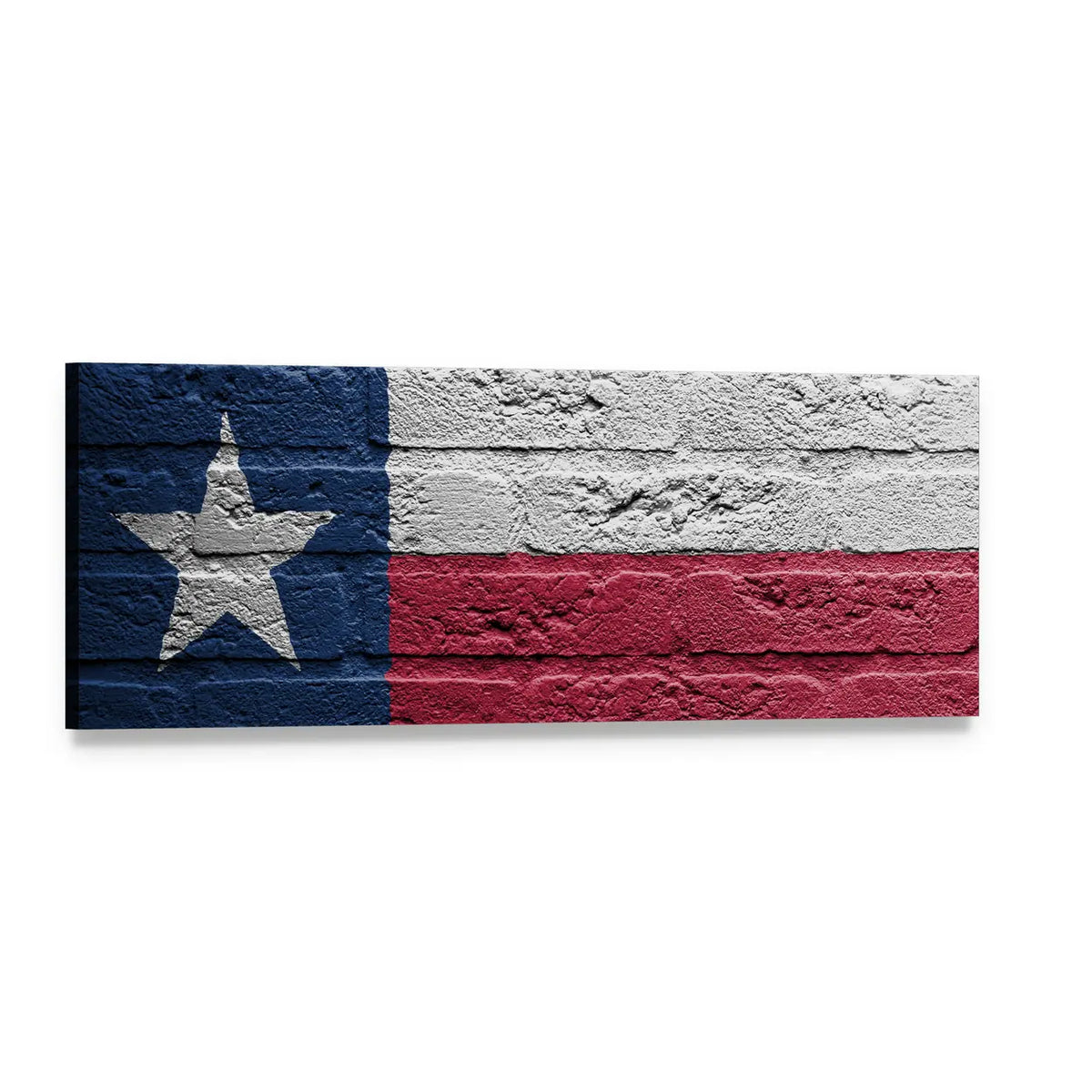 Texas Flag on Weathered Brick Panoramic Canvas Wall Art, single panel gallery wrapped canvas, angled product view