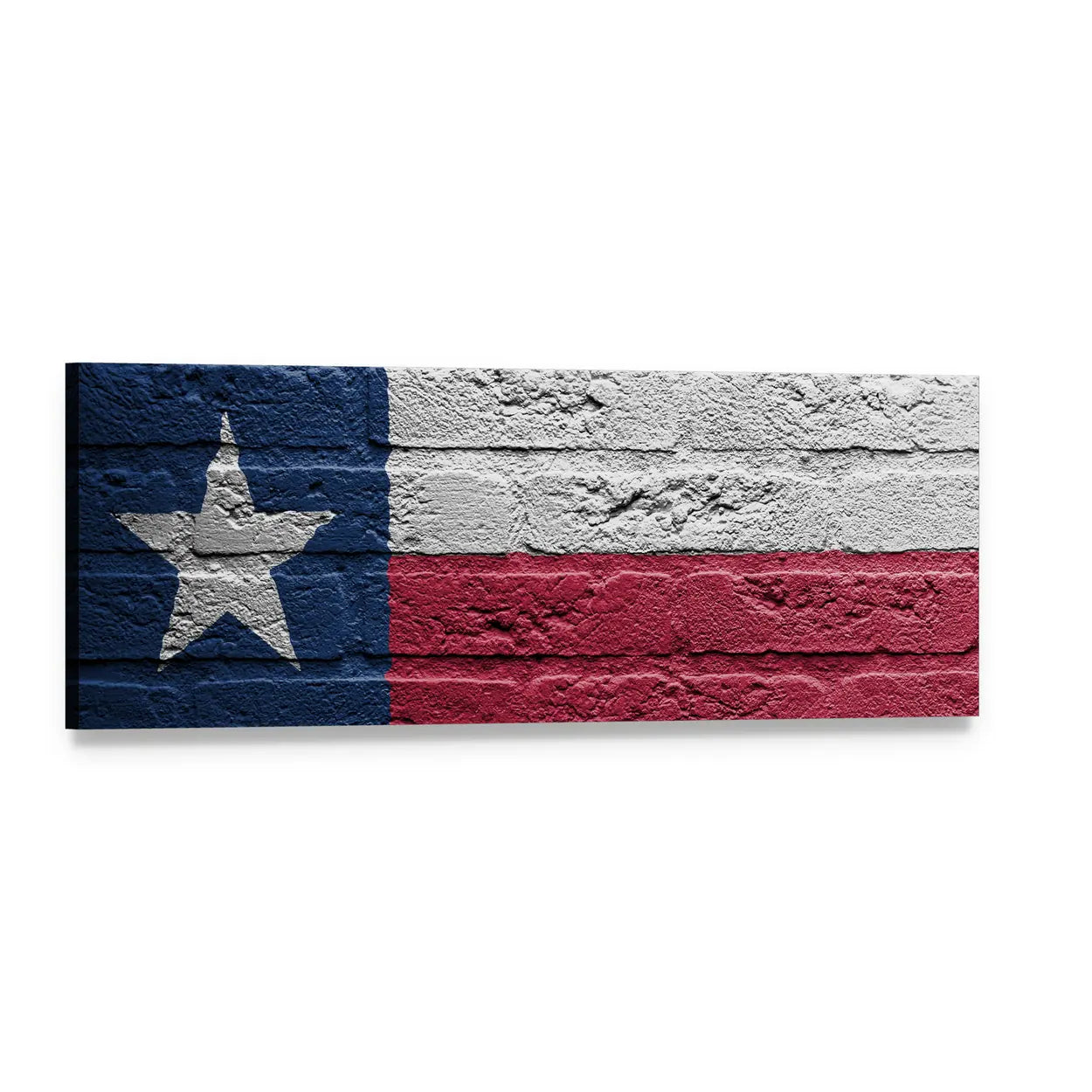 Texas Flag on Weathered Brick Panoramic Canvas Wall Art, single panel gallery wrapped canvas, angled product view