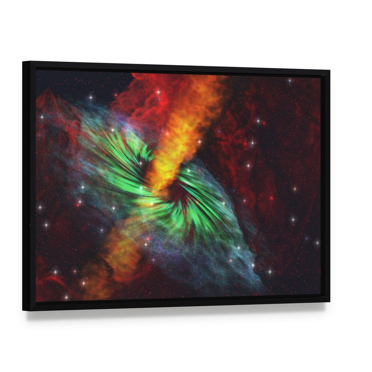 Black Hole in Cosmos Canvas Wall Art, framed canvas in a black floater frame, angled product view