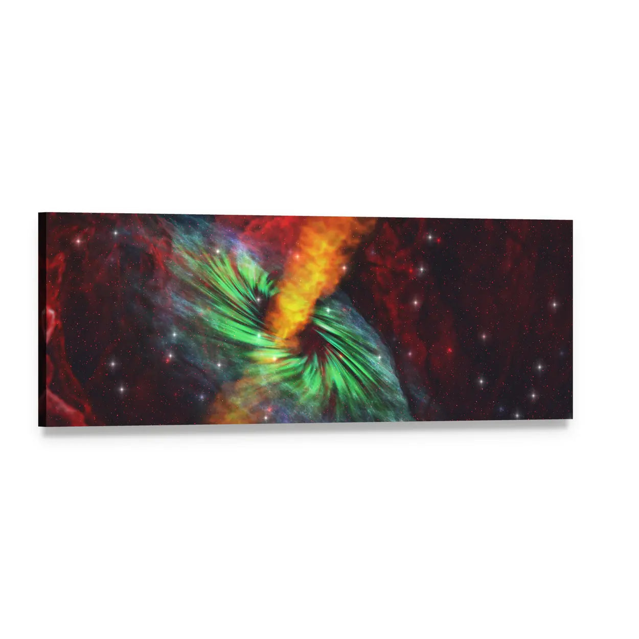 Cosmic Black Hole Vortex Panoramic Canvas Wall Art, single panel gallery wrapped canvas, angled product view